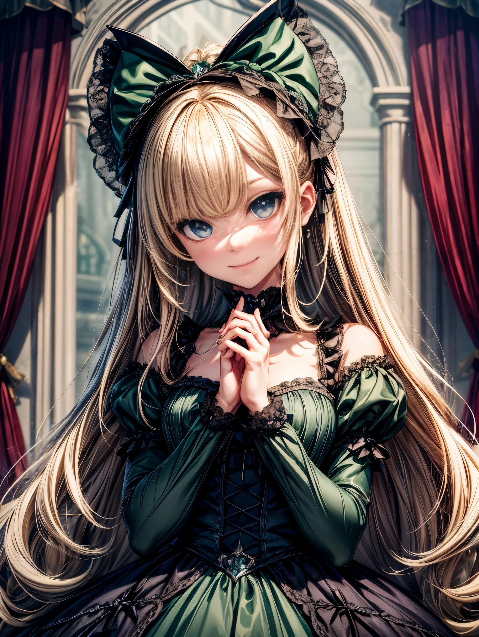 prompt: 8K resolution, delicate features, , single, Unique pupils, a teasing smile, blonde, princess cut, Bow hair ornament, brooch, shiny dark green dress, ta style, gothic style, Folded hands, facing the viewer, Otaku Room, Female imps