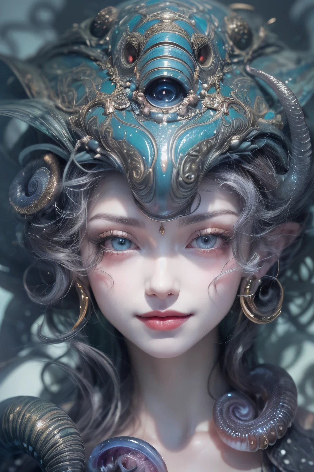 (A portrait of one beautiful and obscene female alien in the water of the deep sea, who is a young ager:1.4), ((There is a female genital-like organ in the middle of her forehead:1.8)), (realistic face:1.2), (Numerous award-winning masterpieces, with incredible detail, textures and maximum detail), artistic photography, midnight aura, unreal engine 5, Ultra Sharp Focus, art by Amano Yoshitaka, ArtGerm, Roisch, intricate artwork, ultra realistic realism, high resolution, High freshness, drawing faithfully, official art, Unity 8K Wall paper, ultra detailed artistic photography, dream-like, Creation of fantasy, dream Snail, (biopunk nautilus:1.3),Thrilling color schemes, seductively smiling, Amazing mutation, well-proportioned body, goddess of the deep sea, fractal, Geometric pattern, impossible figures, (translucent white tentacles with luminescent organs:1.4), subtle emerald green accents, (smiling seductively:1.3),(She has the most beautiful face in the history of the universe:1.5), Penelope Cruz, (she is looking down at viewers with glowing iridescent eyes with no pupils:1.3), an evil gaze that seduces, cinematic lighting, (Vampire-like long canine teeth can be glimpsed through the gap between the cute lips:1.3), in the hall of the palace, Sweet breath is exhaling from beautiful lips, ecstatic expression