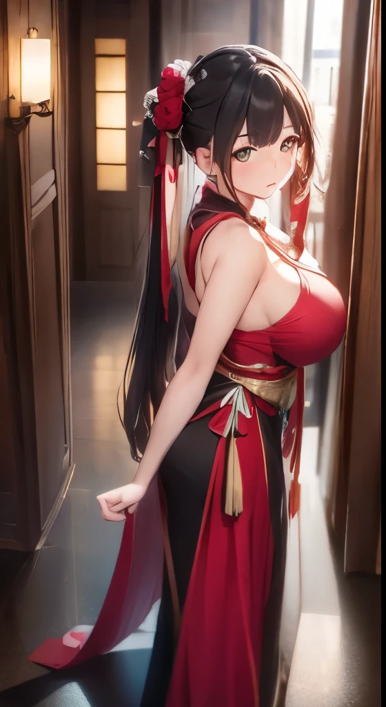 (enormous breasts), bare shoulder, ((masterpiece)), ((best quality)), cute woman ((25 years old)), coy smile, head tilted back, one arched eyebrow, long curly blonde hair, green eyes, sleeveless hanfu, glamour portrait, full body, a view from above and the side