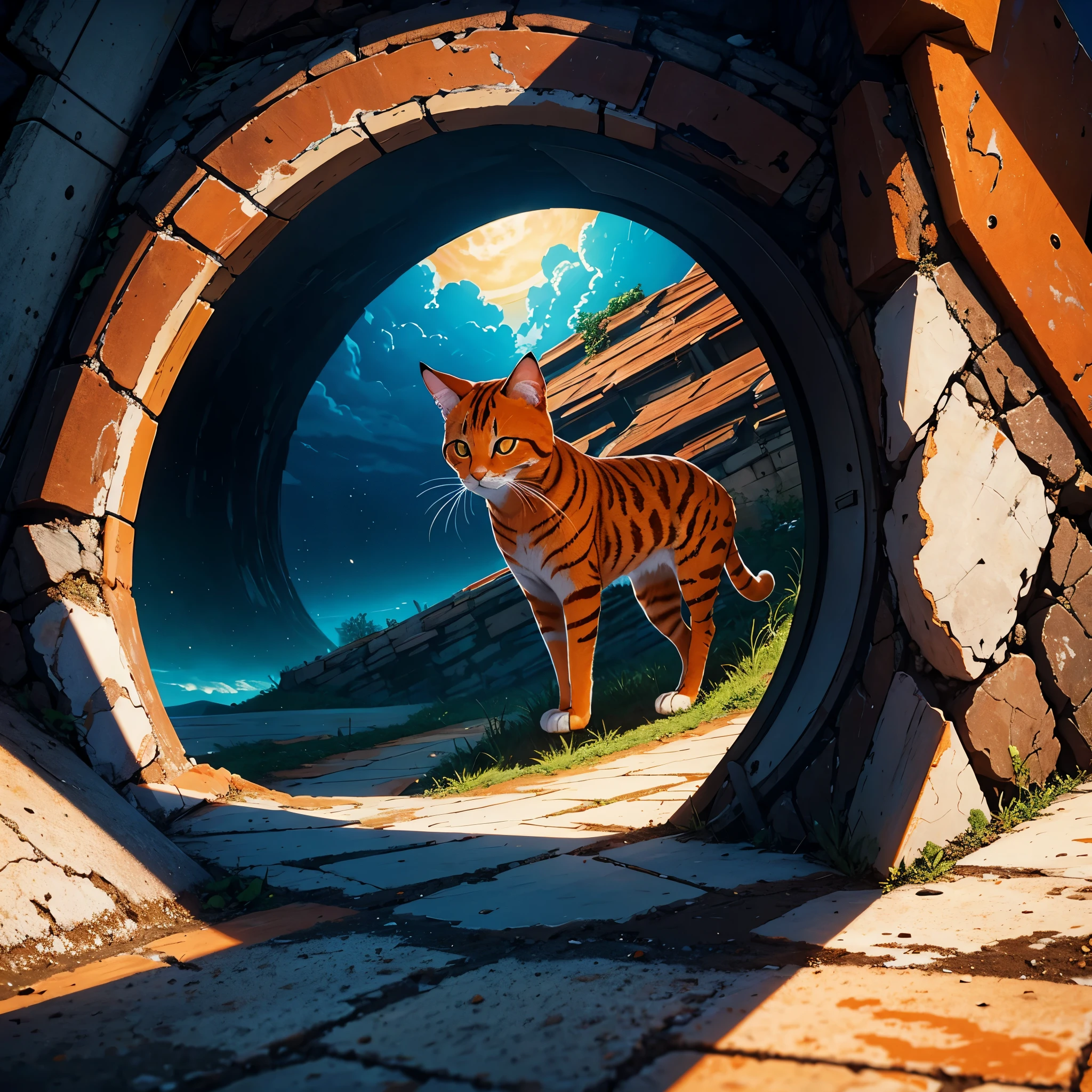 orange cat, dreamscape, looking into hole