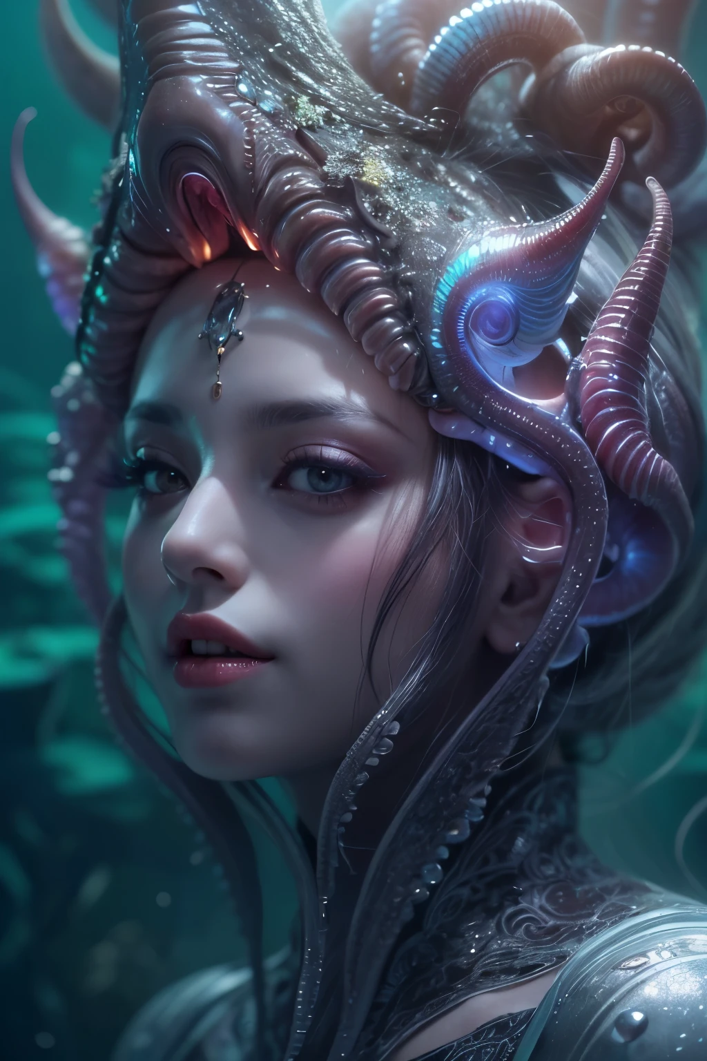 (1 beautiful and obscene female alien:1.4), (There is a female genital-like organ in the middle of her forehead:1.95), She has medusa-like hair, (there are lots of translucent tentacles from her head like her hair:1.5), (vulgarity1.7), (she is looking down at viewers with glowing red eyes with no pupils:1.6), (She has translucent pale skin:1.4),(She has the most beautiful face in the history of the universe:1.2), (She has multiple bioluminescent organs on the side of her tentacles:1.4), (Her body is covered with an iridescent exoskeleton:1.4), (She is showing her arm pits:1.6), an evil gaze that seduces, (looking down at viewers:1.4),(Vampire-like long canine teeth can be glimpsed through the gap between the cute lips:1.4) (bio luminescent:1.4), (Smile wickedly:1.3), (sexypose:1.4), alien, No humans, cells are fused, extraterrestrial, cell, bio image, ultra high resolution, (photos realistic:1.7), (Numerous award-winning masterpieces, with incredible detail, textures and maximum detail), Dramatic Lighting, cinematic quality, (exquisite details:1.2), High freshness, drawing faithfully, (Thick eyebrows:1.2), Beautiful eyes with fine symmetry,(Highly detailed face and eyes:1.2),(Super detailed skin quality feeling:1.4), perfect anatomy, (Beautiful toned body:1.5), (Moist skin:1.2), not wearing makeup, (dark circles:1.1), long canines, cinematic drawing of characters, cinematic quality, (exquisite details:1.2), high resolution, High freshness, drawing faithfully, official art, Unity 8K Wall paper, ultra detailed artistic photography, midnight aura, unreal engine 5, Ultra Sharp Focus, art by Amano Yoshitaka, ArtGerm, ultra realistic realism, dream-like, Creation of fantasy, dream Snail, (biopunk nautilus:1.3),Thrilling color schemes, seductively smiling, Amazing mutation, well-proportioned body, goddess of the deep sea, fractal, Geometric pattern, impossible figures, subtle emerald green accents, (expression of ecstasy:1.5)