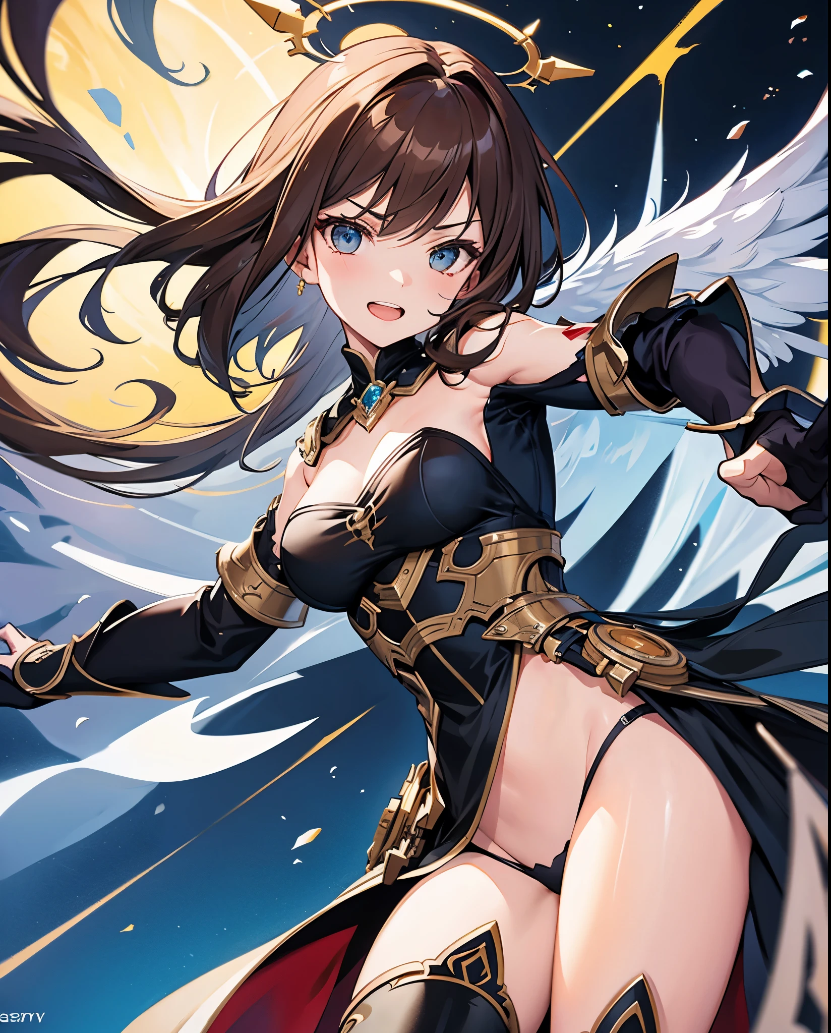 fantasy, 1angel_girl,, ,brown_hair, medium_bob_hair, long_bangs, halo,bare_shoulder,thighhighs,silver_armor, waist_armor, large_breasts,angry,grinning,open_mouth_teeth, 1pair_wings, dynamic_pose_fighting,floating, bare_crotch, headgear,gauntlet, greaves,city_sky_background,slightly_spread_legs, solo, groin_naked,