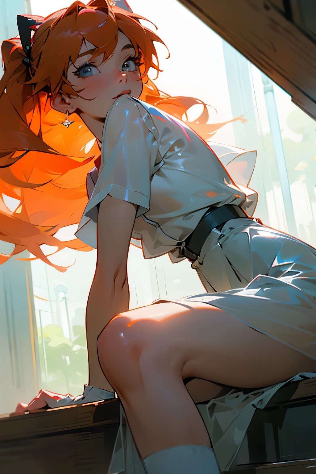 absurd, masterpiece, best quality, realistic, hyper-detailed, tennis wear, (shiny skin, sweaty:1.4), looking at viewer, 1girl, solo, white polo shirt, white sneakers, white miniskirt, ponytail, orange hair, green eyes, slender, (thick thighs:0.6), dynamic lighting, high resolution, sharp focus, depth of field, detailed eyes, sharp pupils, realistic pupils, (small breasts:0.7)