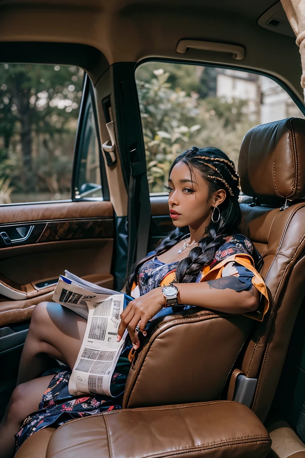 Tired ((plump ((dark-skinned Haitian)) female high-end lawyer)) with ((long boxbraids hairstyle)) sitting in the backseat of a luxury limousine with her pretty perfect manicured feet up while reading newspaper, lwa veve tattoos on legs, wearing chunky golden watch and anklets, expensive pencil skirt, plump thighs, high quality photo, in the middle of the Tokyo cannabis forest behind her