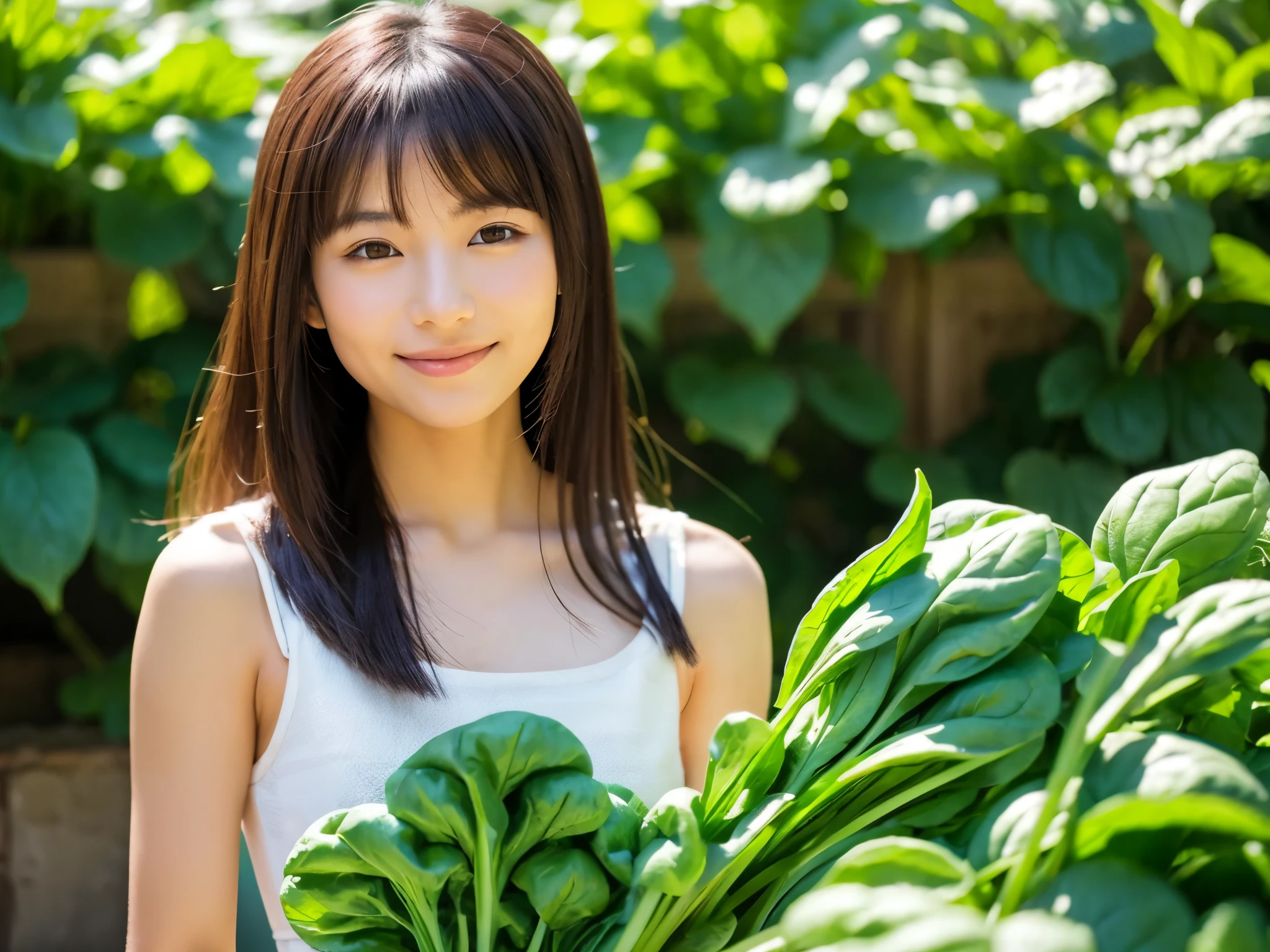 A beautiful Japanese woman wearing kimono and Spinach