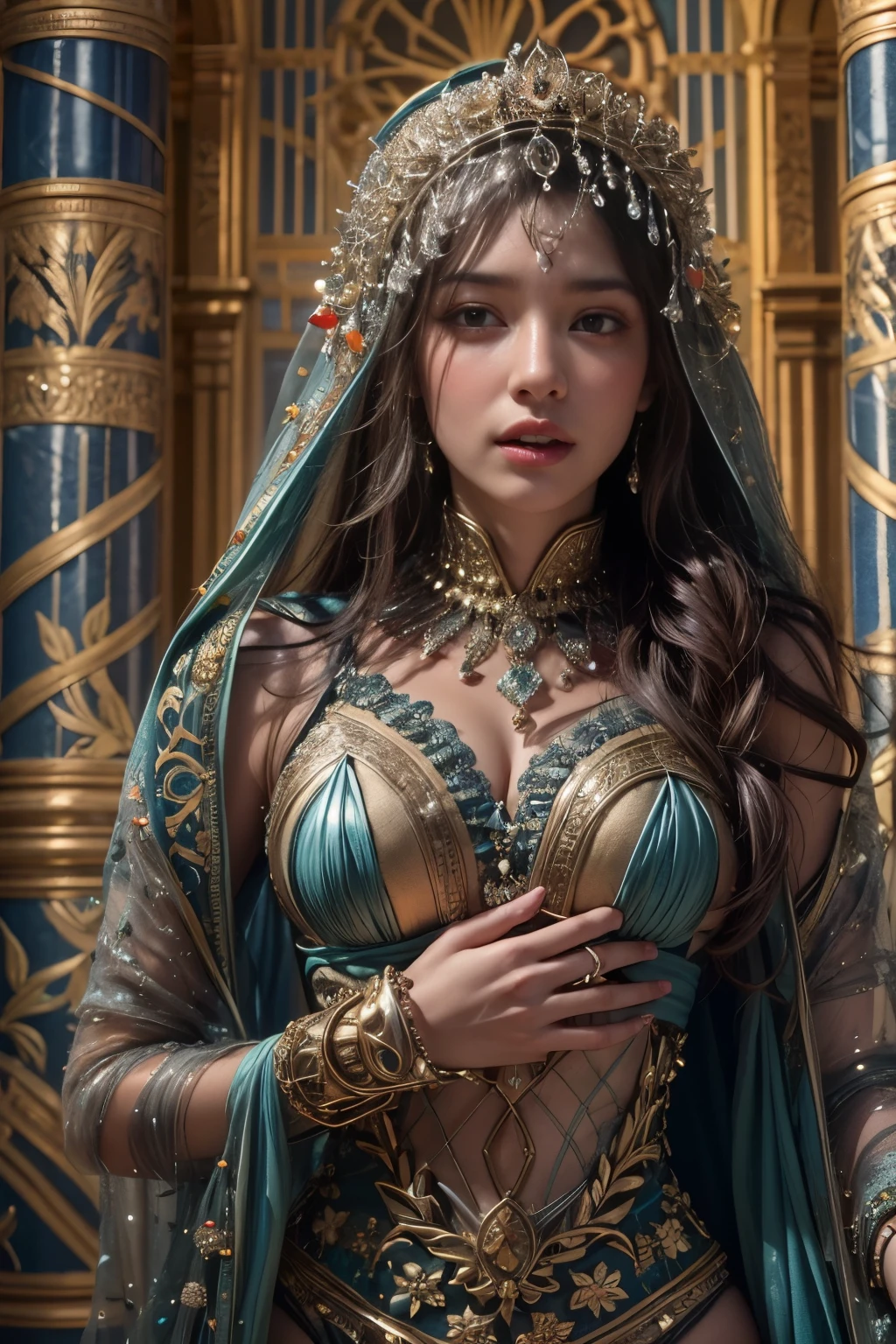 portrait, One exotic teenage Italian girl, who has the most beautiful face in the world,  (18 years old:1.3), stands in the grand hall of the Arabian palace, her hand casually resting on her slender waist. Her intricately designed gauntlets glint in the dim light, adorned with intricate and beautiful patterns. The garment covering her body is a complex and colorful biomechanical bodysuit, a testament to the advanced technology of her kingdom. Her slim and toned physique is accented by the fit of the suit, her moist skin appearing fresh and high freshness. Dark, thick eyebrows frame her beautiful, big purple eyes, which sparkle with an ecstatic expression. (beautiful hair:1.5) Her ultra-detailed eyes, intricate artwork, ultra realistic realism, high resolution, High freshness, drawing faithfully, official art, Unity 8K Wall paper, ultra detailed artistic photography, grabbing on her breasts by herself, (the most erotic photo in the world:1.4), ecstatic expression, (Climax expression during intercourse:1.5)