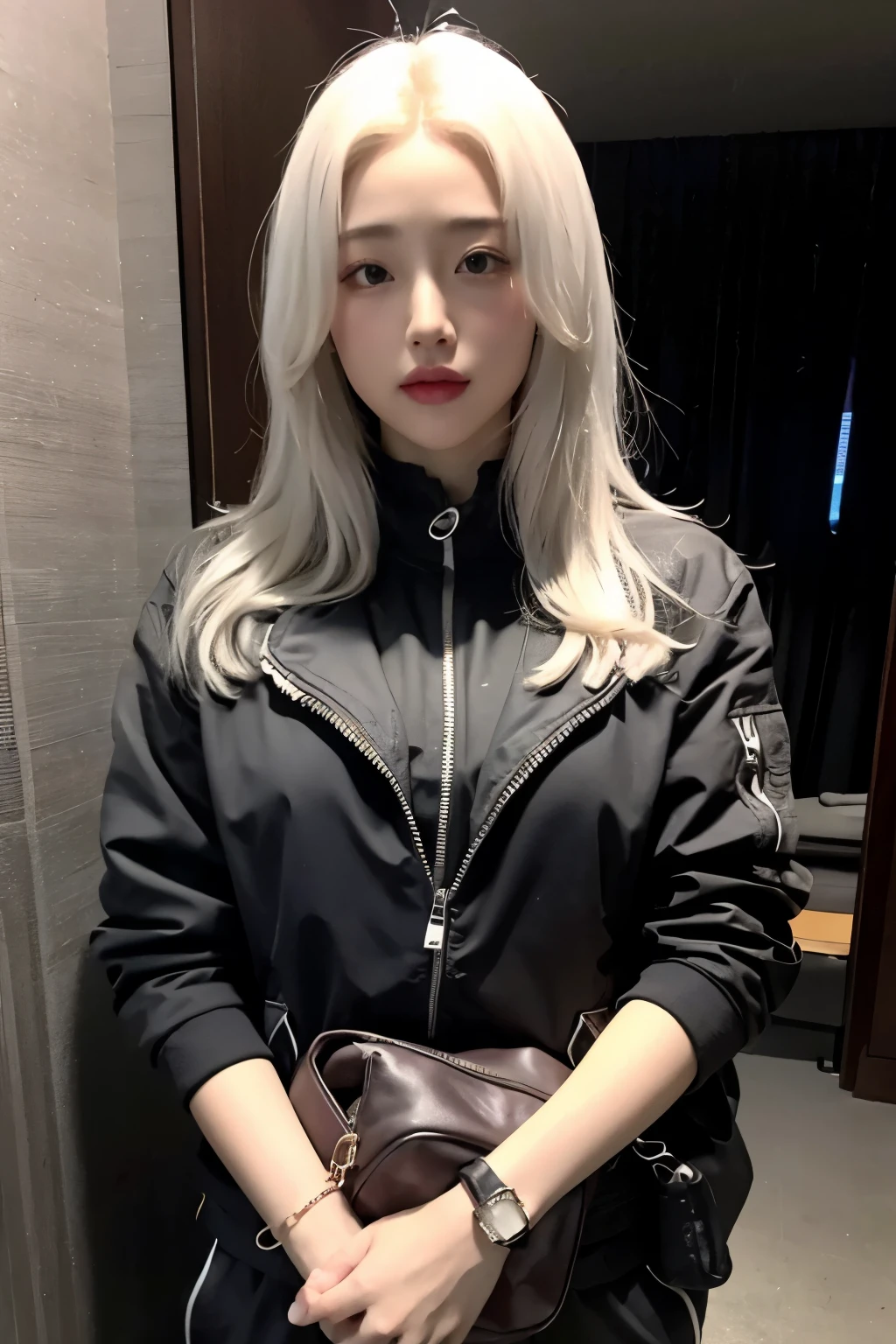 realistic, High resolution, 1 female, glowing skin, alone, wide lips,long hair,straight hair,saggy breasts,small face,white hair,Color Contacts,Black down jacket,Sweat pants,up angle,Purse your mouth,Kissing mouth,Full body coordination