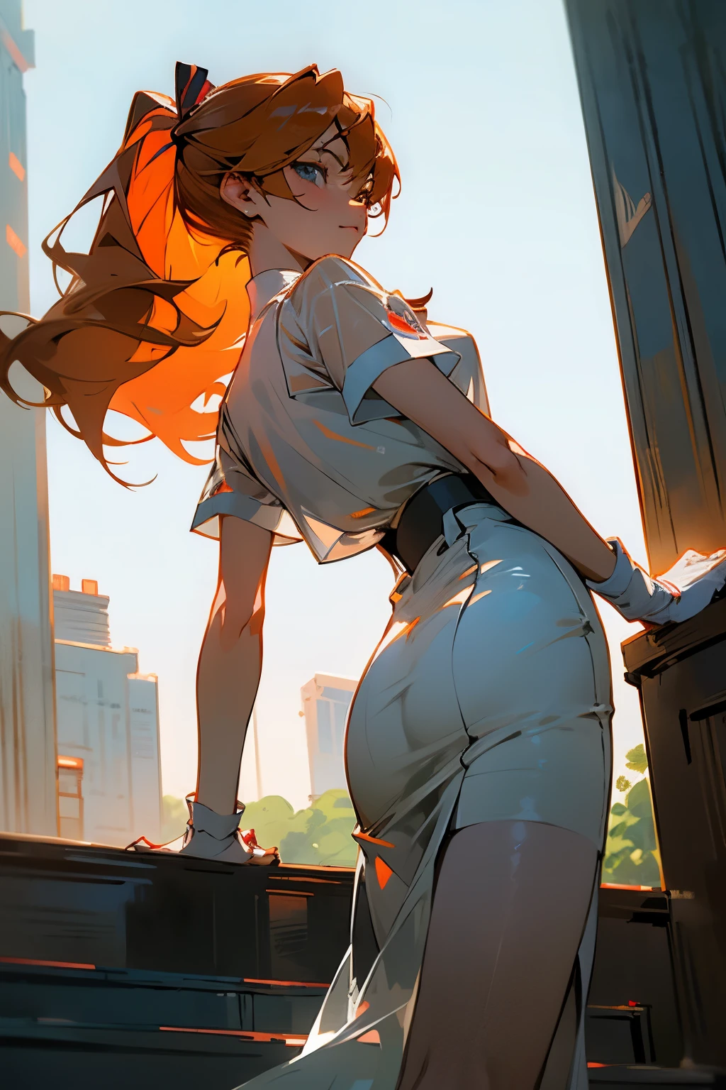 (Ultra HD quality)), ((masterpiece)), Very detailed,Puffy nipples、(see through:1.5)、straighten your back、abdominal muscles、huge bust、angle to floor:1.2、low camera angle、Hair loss on crotch,Hatsune Miku,(masterpiece, best quality:1.2), (crane plum:1.2),
(Face focus, face close-up, Close-up face:1.2), crane plum, 1 girl, Soryu Asuka Langley, alone, blue eyes, Uniforms, looking at the audience, long hair, look back, tokyo-3 middle Uniforms, orange hair, white shirt, from behind, shirt, short sleeves, Keep your mouth shut, Bangs, sides up, stairs, feet beyond frame, white socks, Slip dress, 蓝色skirt, blue skirt, outdoor, skirt, hair accessories,