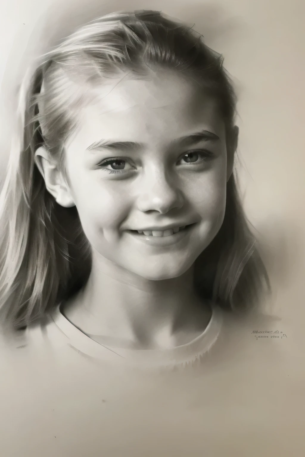 a close-up of a KIDS GIRL BLONDE , portrait drawing, head & shoulder, detailed face, smiling, flower background, (one girl, solo), in the style of Andrew Loomis, norman rockwell, old master drawings and prints, expressive character . Masterpiece, ((charcoal sketch drawing)) , full body drawing.