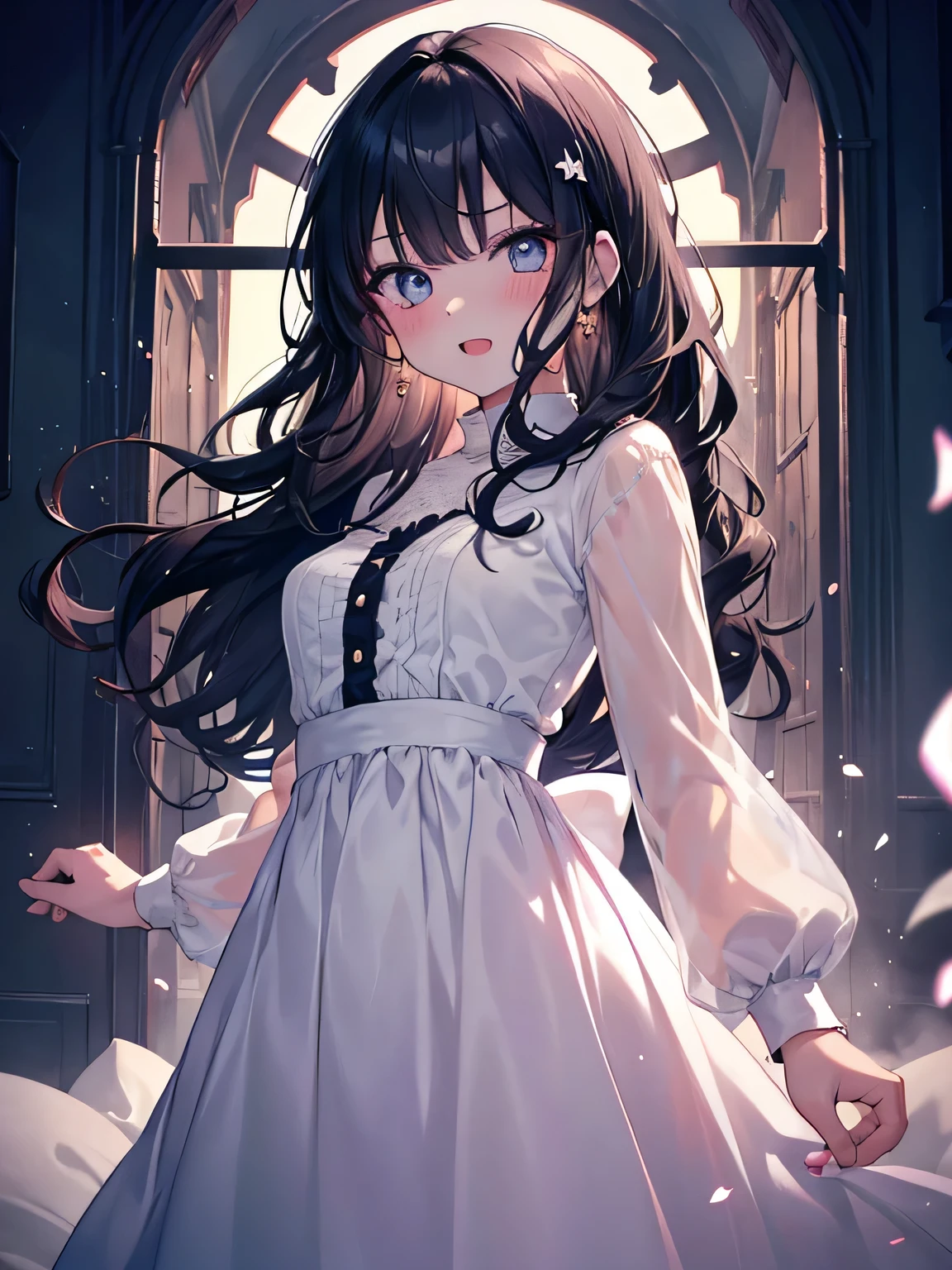 on the table, best quality, (perfect face:1.1), (high detail:1.1), (Super detailed eyes), dramatic, Ultra-detailed illustrations, Very detailed,1 girl in, (pale skin), hapiness的, lol, enjoy, hapiness,open mouth,glowing eyes,black hair, (curls),ethereal eyes, black eyes,(light eyebrows),blush, alone,Pouting,Cinema lighting,looking at the audience, Arched back,cowboy shooting,from lower,long sleeves,Pink princess dress,In the morning, sunny