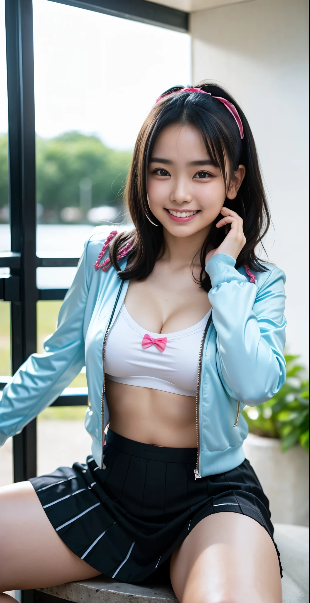 (8K、Raw photography、highest quality、masterpiece:1.2),(black hair:1.7),show viewer,Looking at the front,(super sentai series、precure series costumes、precure jacket:1.6)、(Clothing that emphasizes the shape of your chest:1.4)、(big breasts :1.4)、slim body shape、ultra high resolution,beautiful,beautiful fece,(alone, alone、no background:1.9),whole bodyボディー,、(black eye、japanese woman: 1.3),(Photoreal:1.37)、photon mapping,reality、(Cute with a : 1.1)、(cute smile: 1.7)、(With a round face: 1.8)、radio city、Physically based rendering、depth of field rally background、photograph, (I can see your knees,close up of thighs、skirt is too short、spread your legs、showing off white panties:1.4),whole body、super fine