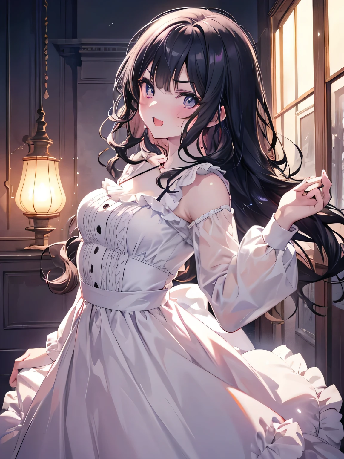 on the table, best quality, (perfect face:1.1), (high detail:1.1), (Super detailed eyes), dramatic, Ultra-detailed illustrations, Very detailed,1 girl in, (pale skin), hapiness的, lol, enjoy, hapiness,open mouth, glowing eyes, black hair, (curls), black eyes,(light eyebrows),blush, alone,Pouting,Cinema lighting,looking at the audience, Arched back,cowboy shooting,from lower,long sleeves,Pink princess dress,In the morning, sunny