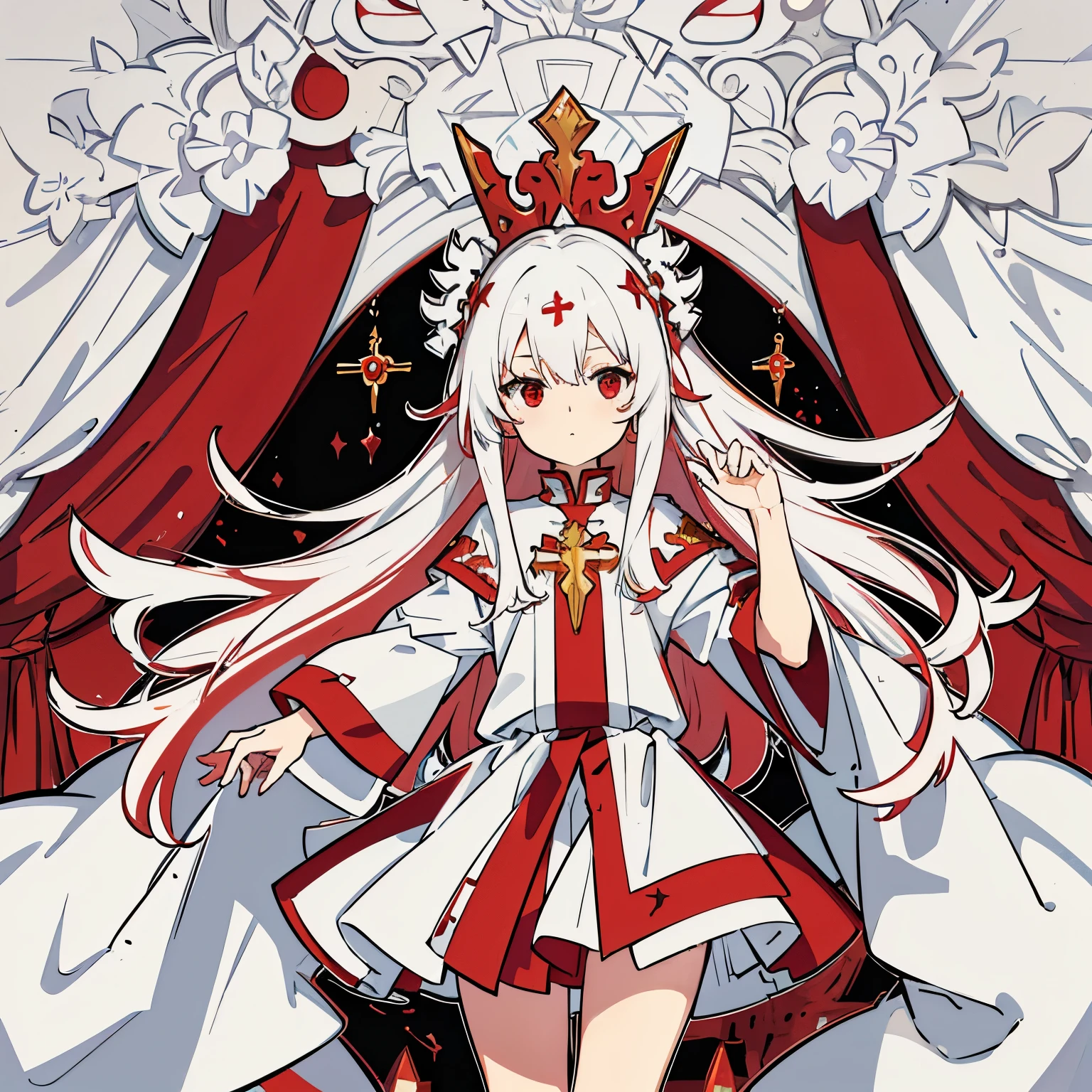 (Very detailed 8K wallpaper), with long white hair,red hair ends,Red eyes,Wearing holy white saintly attire