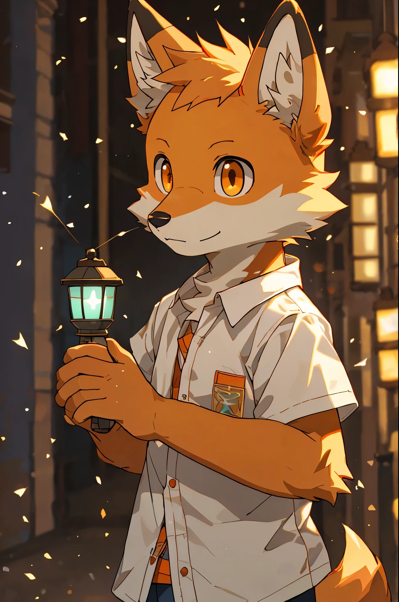 Masterpieces,official art,furry,male,shota,Anthropomorphic orange fox,Delicate face,blue left eye, orange right eye,no hair, white shirt, street, depth of field, perfect lighting, light particles,(best quality),(masterpiece),(ultra detailed),sharp focus,light particles. naked, holding a lantern