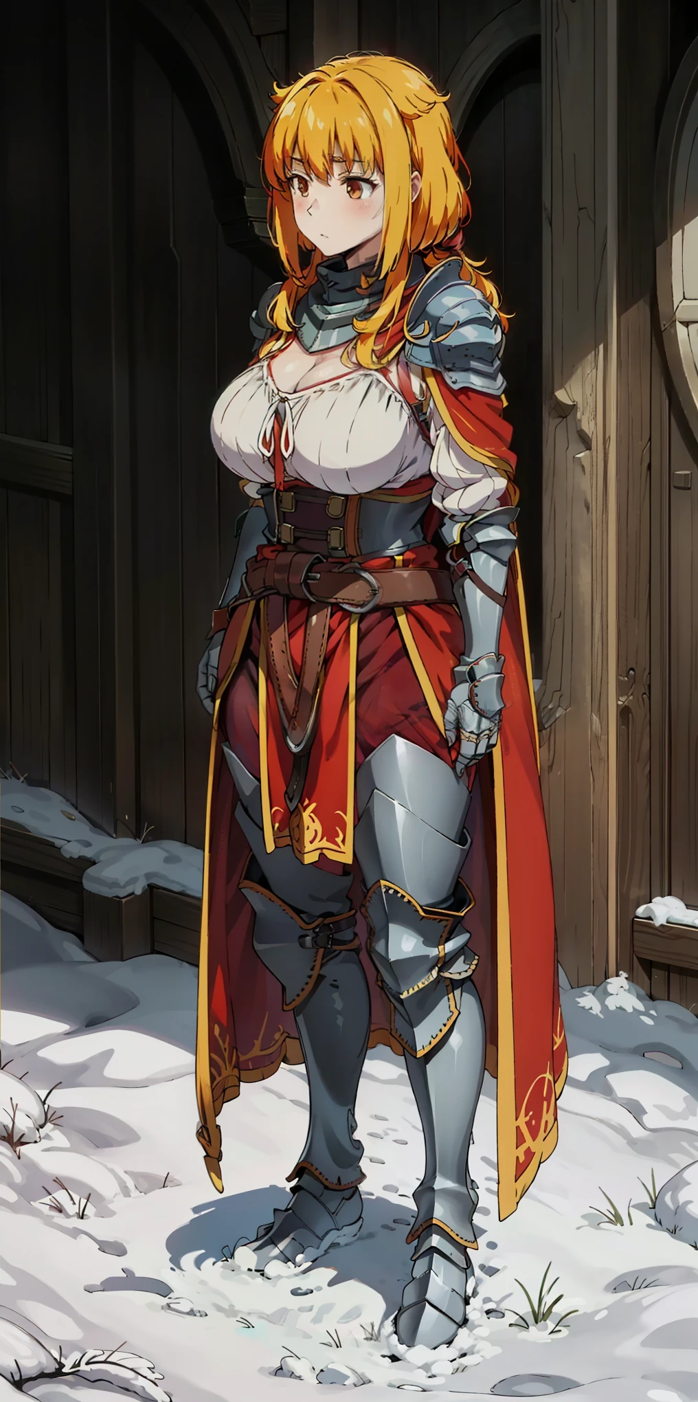 full body standind straight symmetrical, FEMALE warrior princess, big belt around waist, hair, very white skin like snow, wearing full heavy armor red cape, brown leather boots, adventurer outfi, veteran warrior