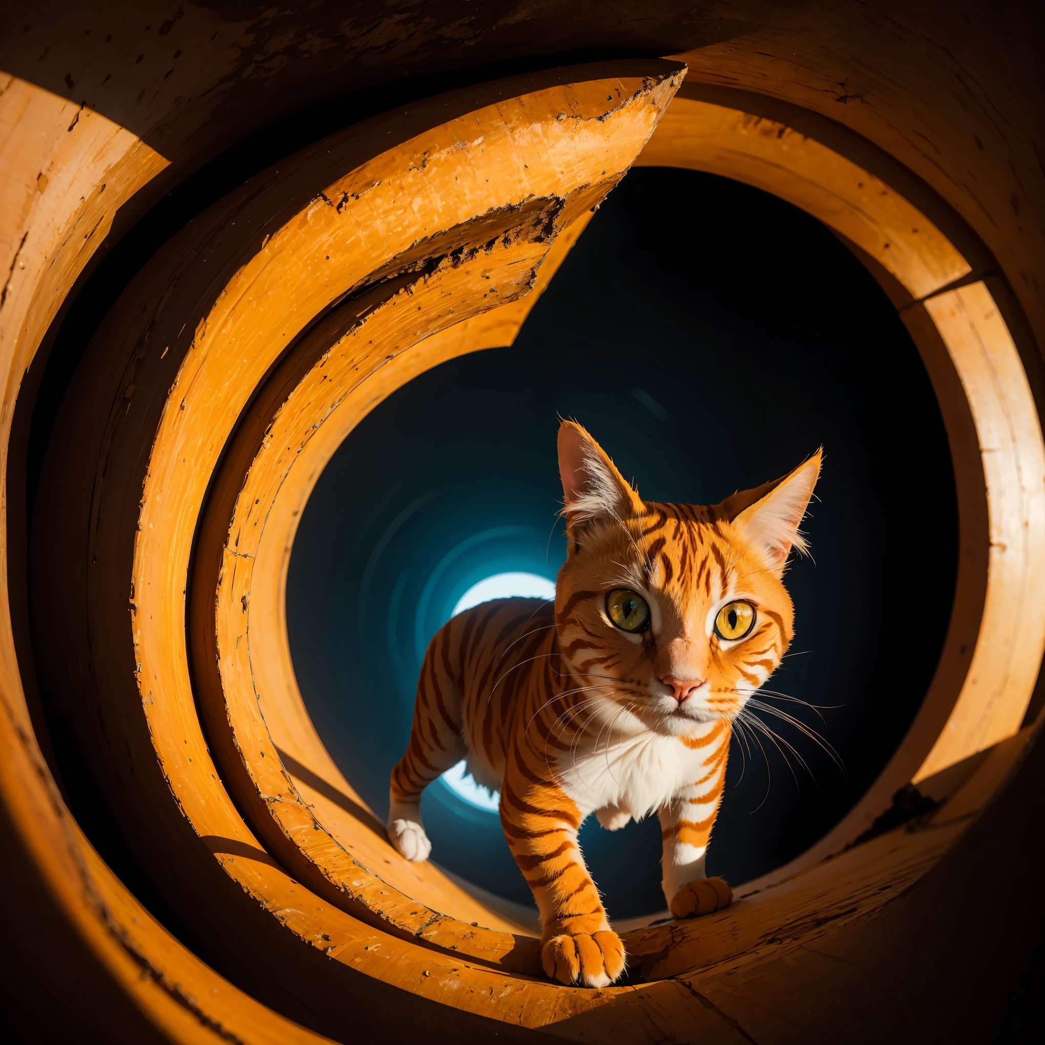 orange cat, dreamscape, looking into hole