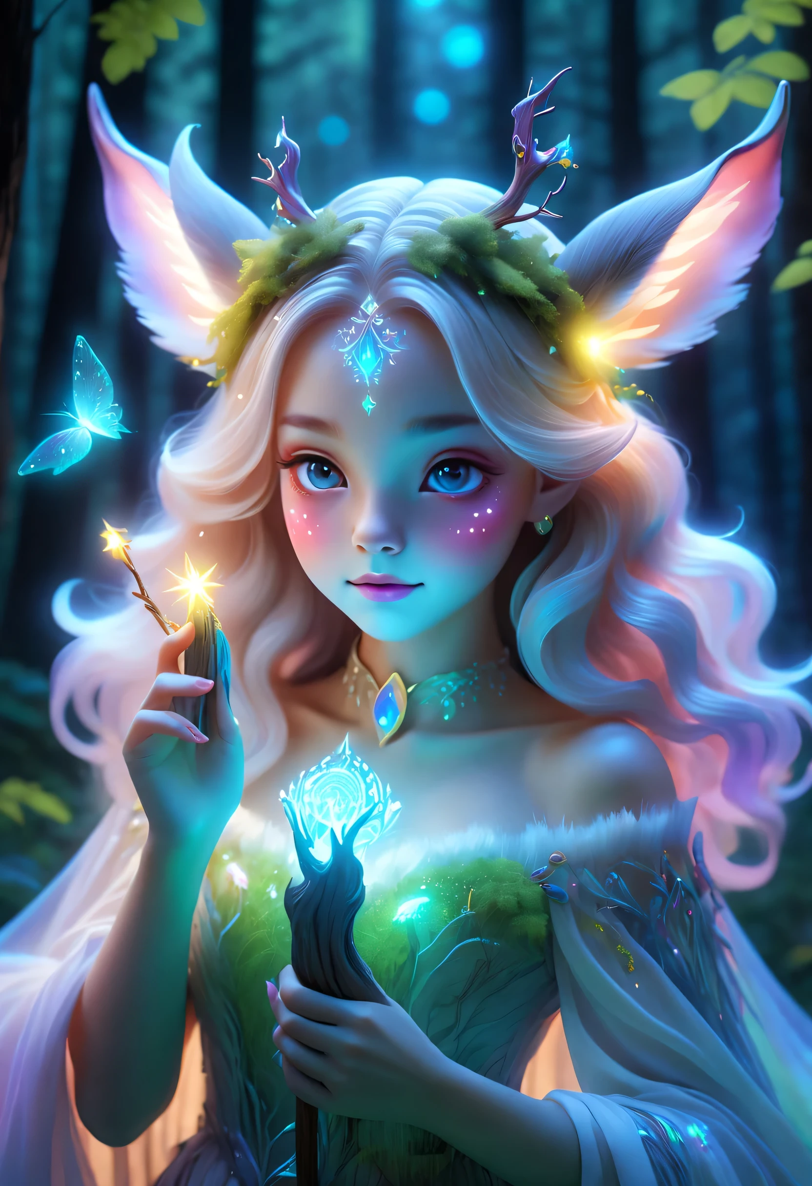 best quality，4K，8k，HD，masterpiece：1.2，super detailed，lifelike：1.37，flash，enchanted forest，magical atmosphere，charming scenery，rich and colorful，（闪闪glow的仙女，queen of the forest，Charming witches，Carefully cast，French formation），Cute fawn，glow，fluorescence，wand casting，装满glow液体的瓶子，ethereal atmosphere