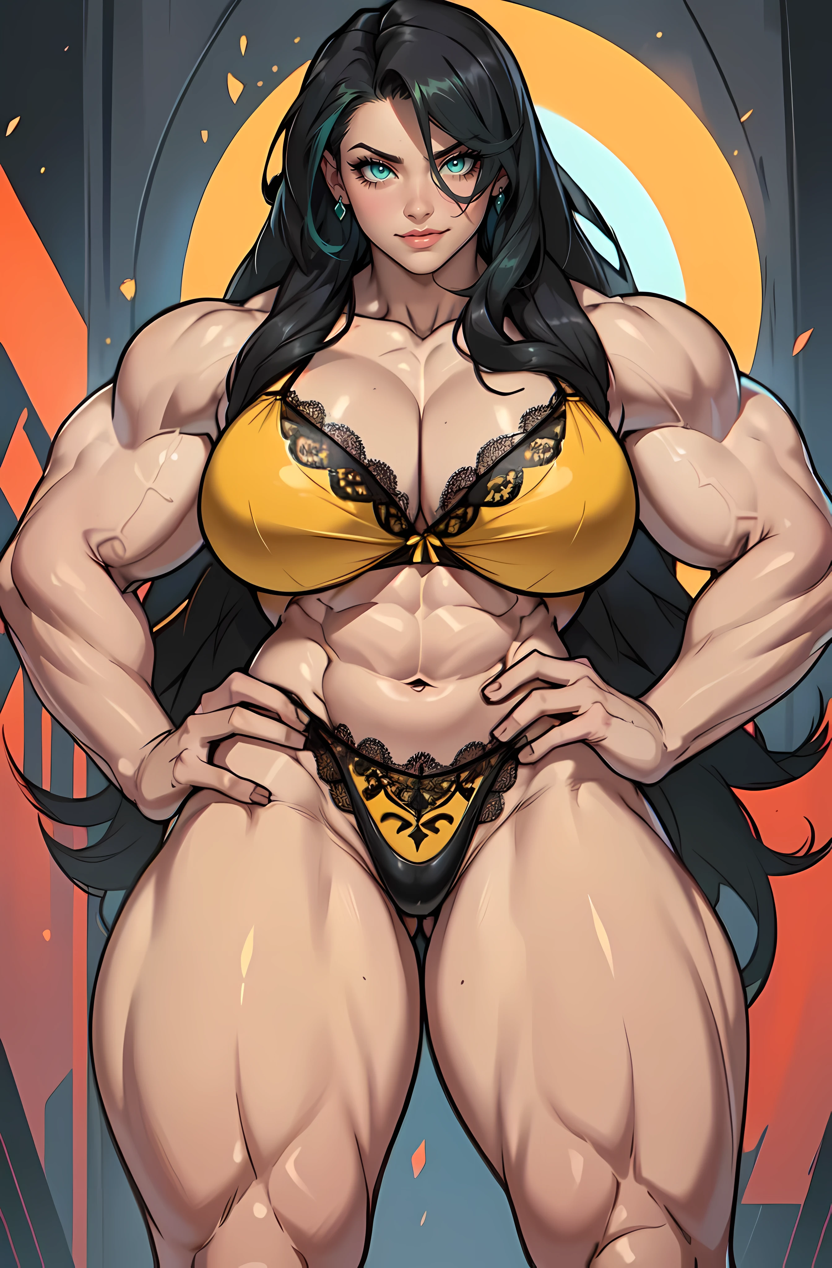 ((Masterpiece)), ((Best Quality)), ((Solo)), ((alone)), ((1girl)), ((1 girl)), extremely long hair, solo, ((muscular)), veins, black hair, yellow eyes, pale skin, strong, veins, abs, (huge breasts), frowning, lace lingerie uhd best quality 16k, (((Huge breasts))), ((long legs)), ((wide hips)), ((((Muscular Legs)))), ((((Massive Bodybuilder))))