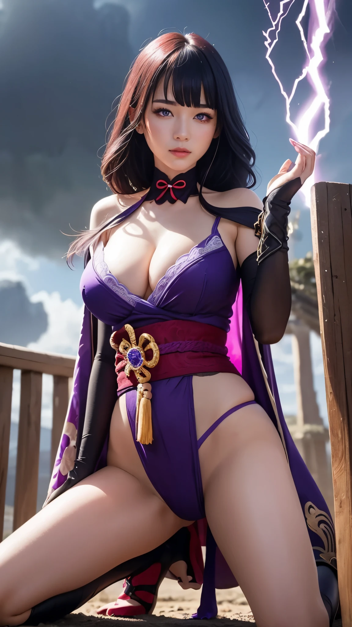 (ultra realistic photo, 8k uhd, professional photo, full of details in clothes and face, eyes full of life, pink eye color, masterpiece, girl goddess of beauty). Shogun Raider from Genshin Impact is a sexy woman with long flowing purple hair, pink energy glow at the ends, she wears highly detailed sexy lingerie, (transparent panties showing puzzy), kimono without a strap, she wears a jewel on the side of her head adorned with golden details and a jewel in the center. - She wears a purple and pink outfit with gold details, with ornate designs in gold. The upper part of the armor is tight to the body, highlighting her curves, her marked natural breasts, (she has long breasts, huge and perfect breasts emerging from her sexy and erotic neckline, pointed BREASTS), ((transparent micro panties showing her pussy, perfect pussy, pubic hair)), defined body, body with curves, big perky ass, pussy on display, Her arms are covered by armored gloves with similar designs in gold and attached to the arm by straps. - A piece of cloth flows from his waist, complementing the look of the armor. - ((Her face is very pretty, she has light pink eyes and a serious expression)). - In the background, there is a dramatic sky full of dark clouds and purple lightning lighting the scene. The full moon is visible between the clouds. poses, doing poses, sitting with legs open, squatting showing pussy, on all fours, heroic and flashy possessions.