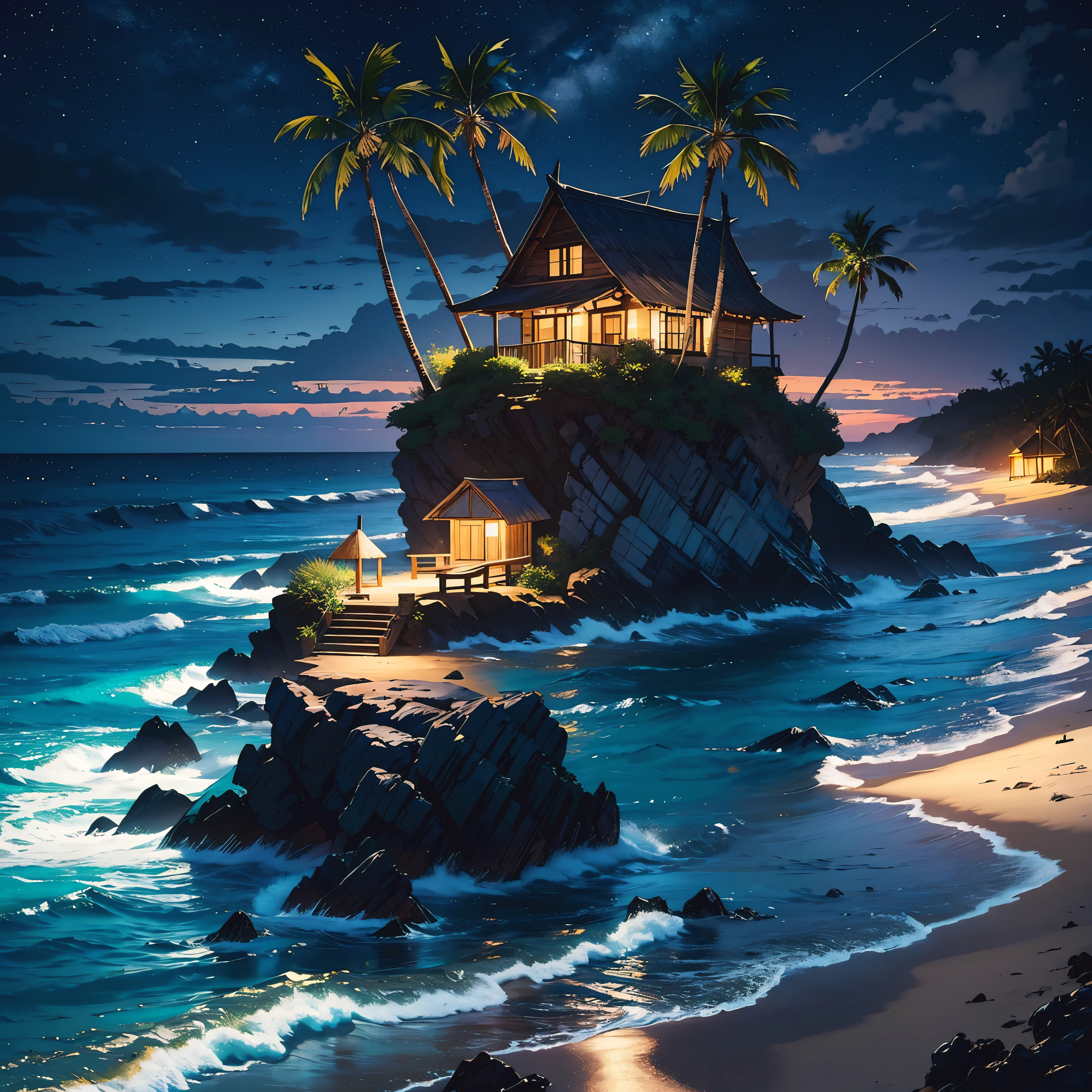 beautiful landscape, masterpiece, lonely old small fisherman shack in a beach, isolated desert island with palm trees at night, dark sky