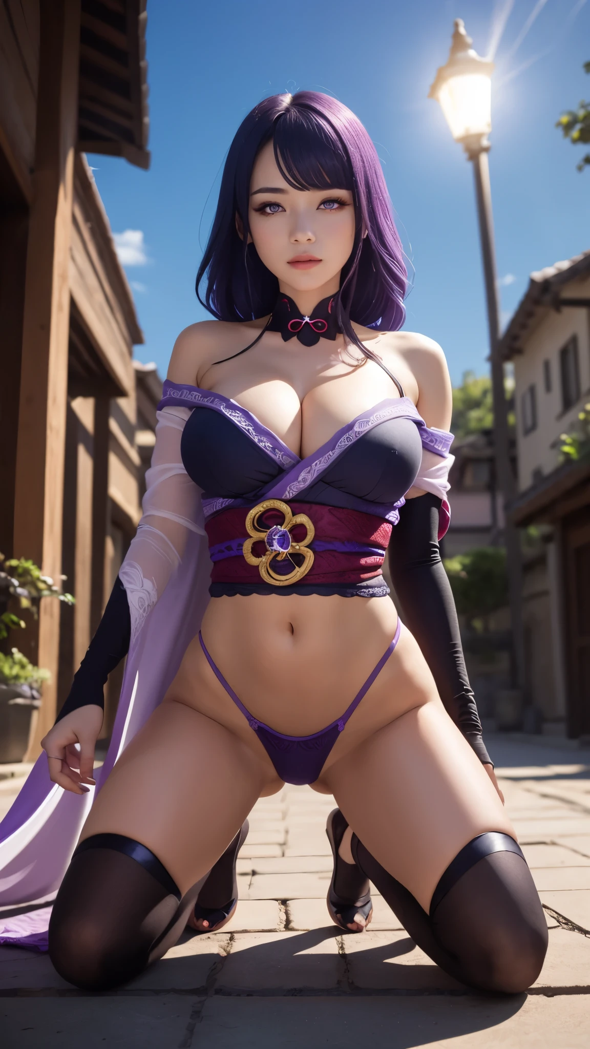 (ultra realistic photo, 8k uhd, professional photo, full of details in clothes and face, eyes full of life, pink eye color, masterpiece, girl goddess of beauty). Shogun Raider from Genshin Impact is a sexy woman with long flowing purple hair, pink energy glow at the ends, she wears highly detailed sexy lingerie, (transparent panties showing puzzy), kimono without a strap, she wears a jewel on the side of her head adorned with golden details and a jewel in the center. - She wears a purple and pink outfit with gold details, with ornate designs in gold. The upper part of the armor is tight to the body, highlighting her curves, her marked natural breasts, (she has long breasts, huge and perfect breasts emerging from her sexy and erotic neckline, pointed BREASTS), ((transparent micro panties showing her pussy, perfect pussy, pubic hair)), defined body, body with curves, big perky ass, pussy on display, Her arms are covered by armored gloves with similar designs in gold and attached to the arm by straps. - A piece of cloth flows from his waist, complementing the look of the armor. - ((Her face is very pretty, she has light pink eyes and a serious expression)). - In the background, there is a dramatic sky full of dark clouds and purple lightning lighting the scene. The full moon is visible between the clouds. poses, doing poses, sitting with legs open, squatting showing pussy, on all fours, heroic and flashy possessions.