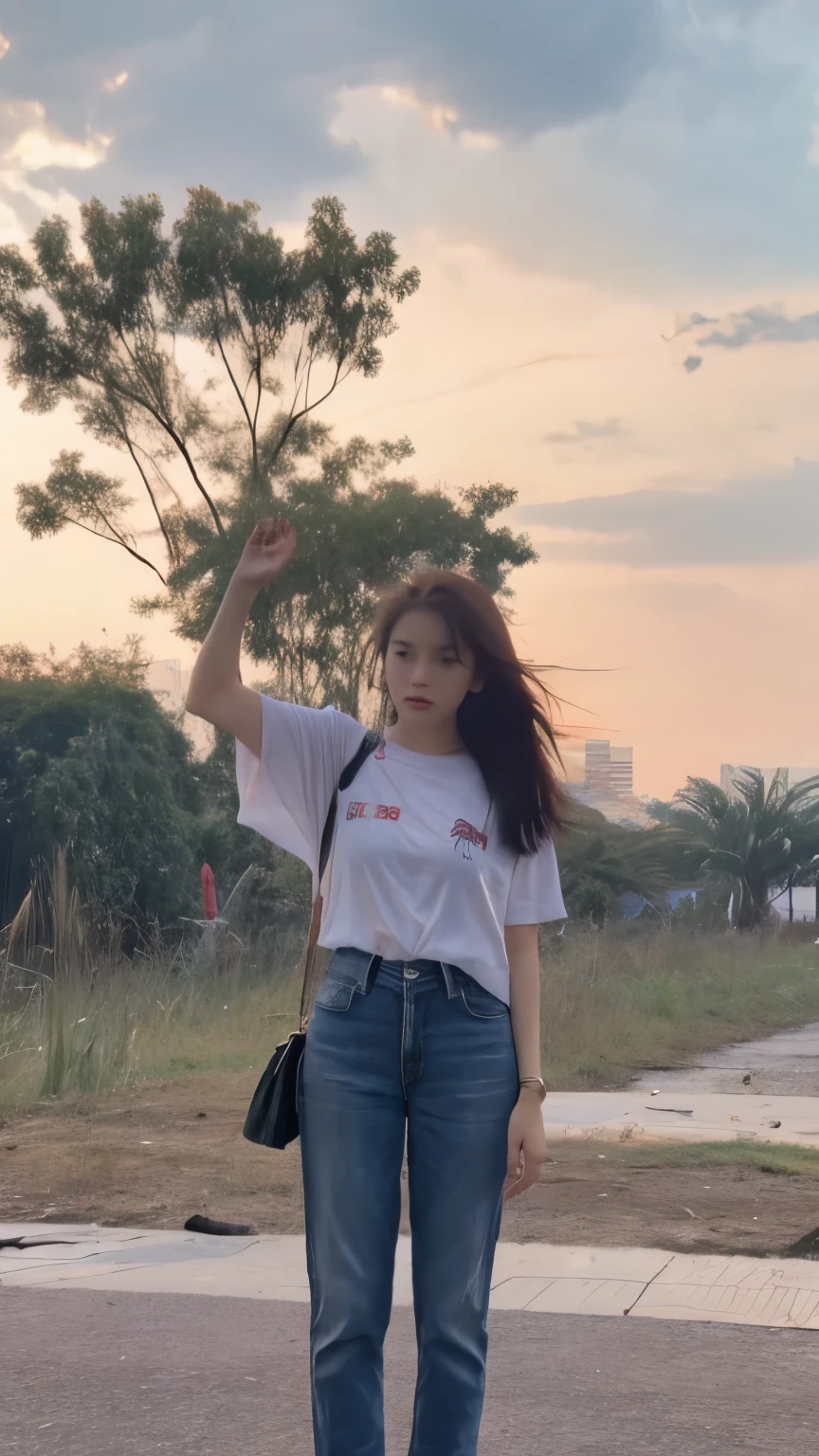 thai woman, look at the audience, long hair, shirt, jeans, cloud, sky, sky空,outdoor, post-apocalyptic, ruins, landscape, Tree, water,