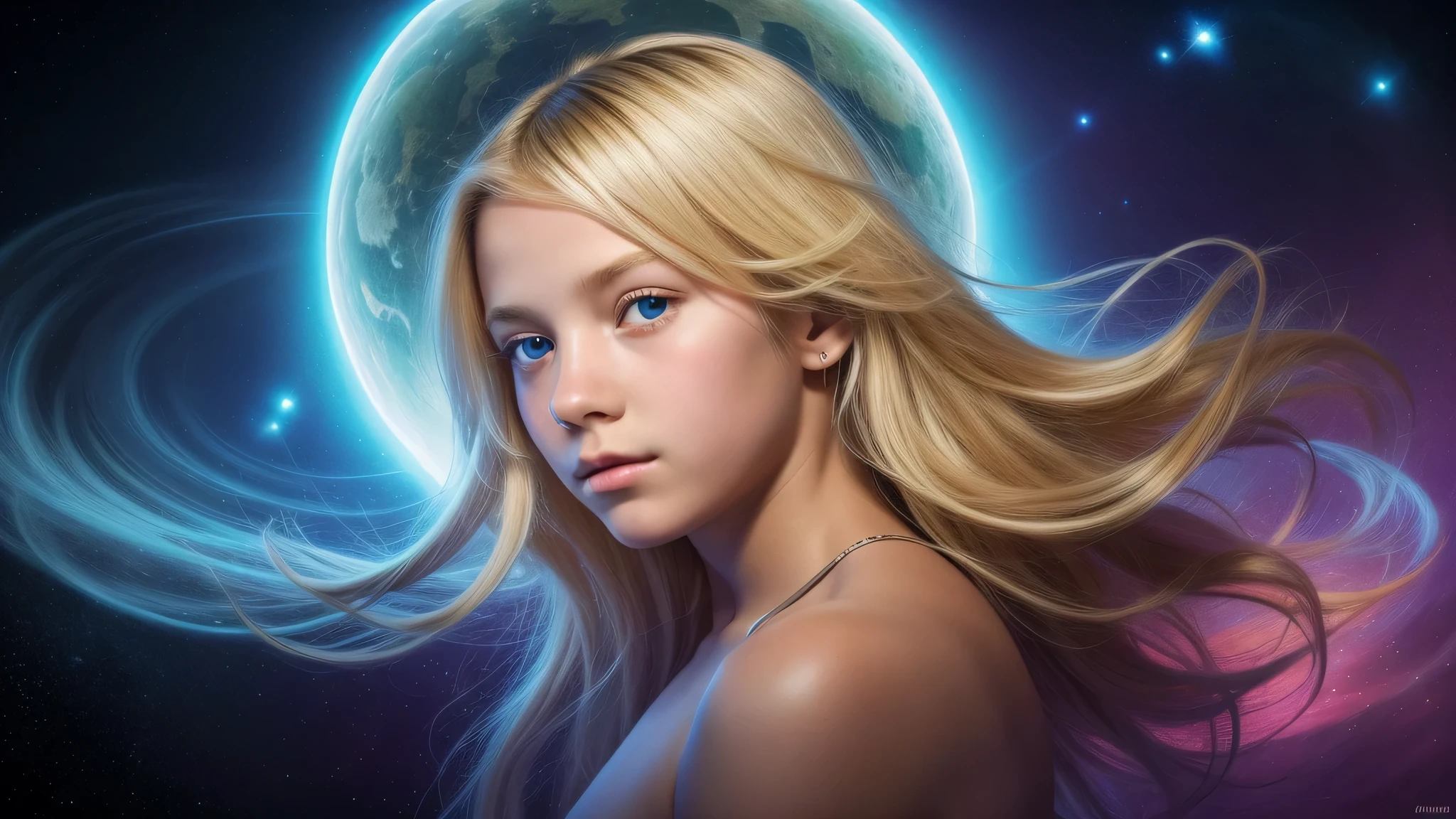 a KIDS GIRL BLONDE , portrait, Diving Into The Ether Flowing with The Eternal Soul Through Vibration of love, everything is connected, Flowing energy, Spiritual, divine, dreamlike, cosmic, concept art, mind blowing, feminine beauty, god, pineal gland, dreamlikeart