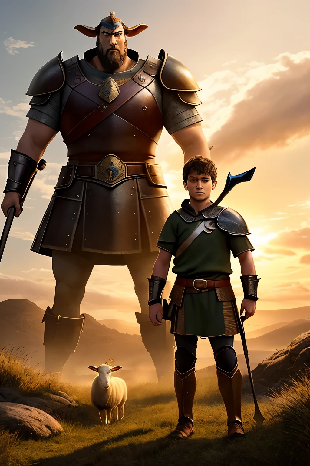 Create a David and Goliath image: a strong giant, towering at 3.5 meters tall, clad in armor and wielding a massive club, ready to strike. Across the battlefield, a pixar-style sheep shepherd stands bravely, yet determined. With a courageous expression on his face and a sling in hand, he prepares to take on the formidable foe. The contrast between the giant's monstrous size and the shepherd's tiny frame amplifies the epitome of underdog spirit. The setting sun casts a warm glow on the scene, bathing it in a hdr effect and emphasizing the intr