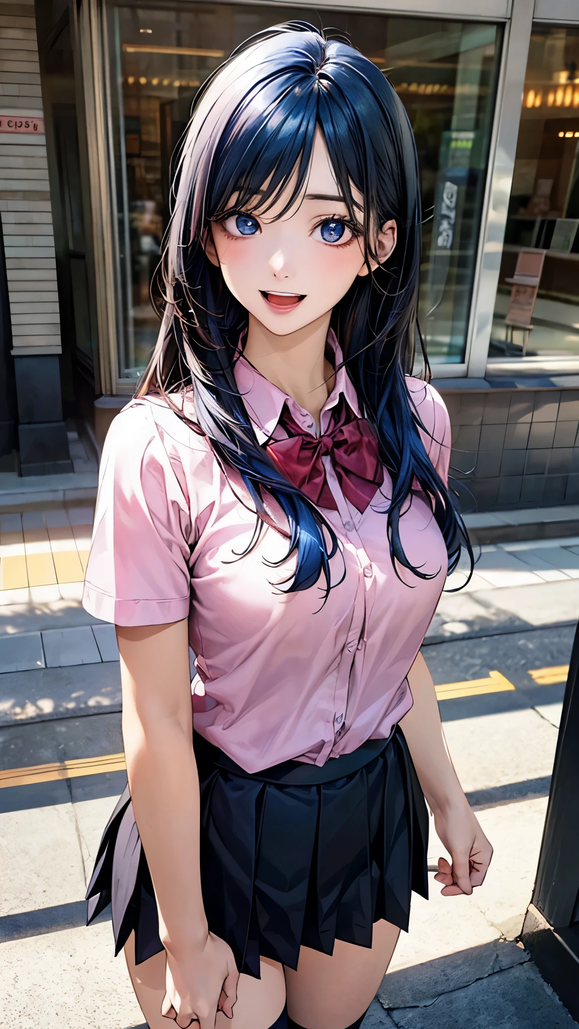 (masterpiece:1.2, top-quality), (realistic, photorealistic:1.4), beautiful illustration, (natural side lighting, movie lighting), , 
(looking at viewer), 1 girl, japanese, high school girl, perfect face, cute and symmetrical face, shiny skin, skinny, 
(long hair, straight hair, blue hair), swept bangs, light blue eyes, drooping eyes, long eye lasher, (large breasts:0.6), five fingers, 
beautiful hair, beautiful face, beautiful detailed eyes, beautiful clavicle, beautiful body, beautiful chest, beautiful thighs, beautiful legs, 
((symmetrical clothing, pink collared shirts, black pleated skirt)), red bow tie, navy socks, 
(beautiful scenery), day time, shopping mall, (lovely smile, upper eyes, open mouth, sexy pose), 