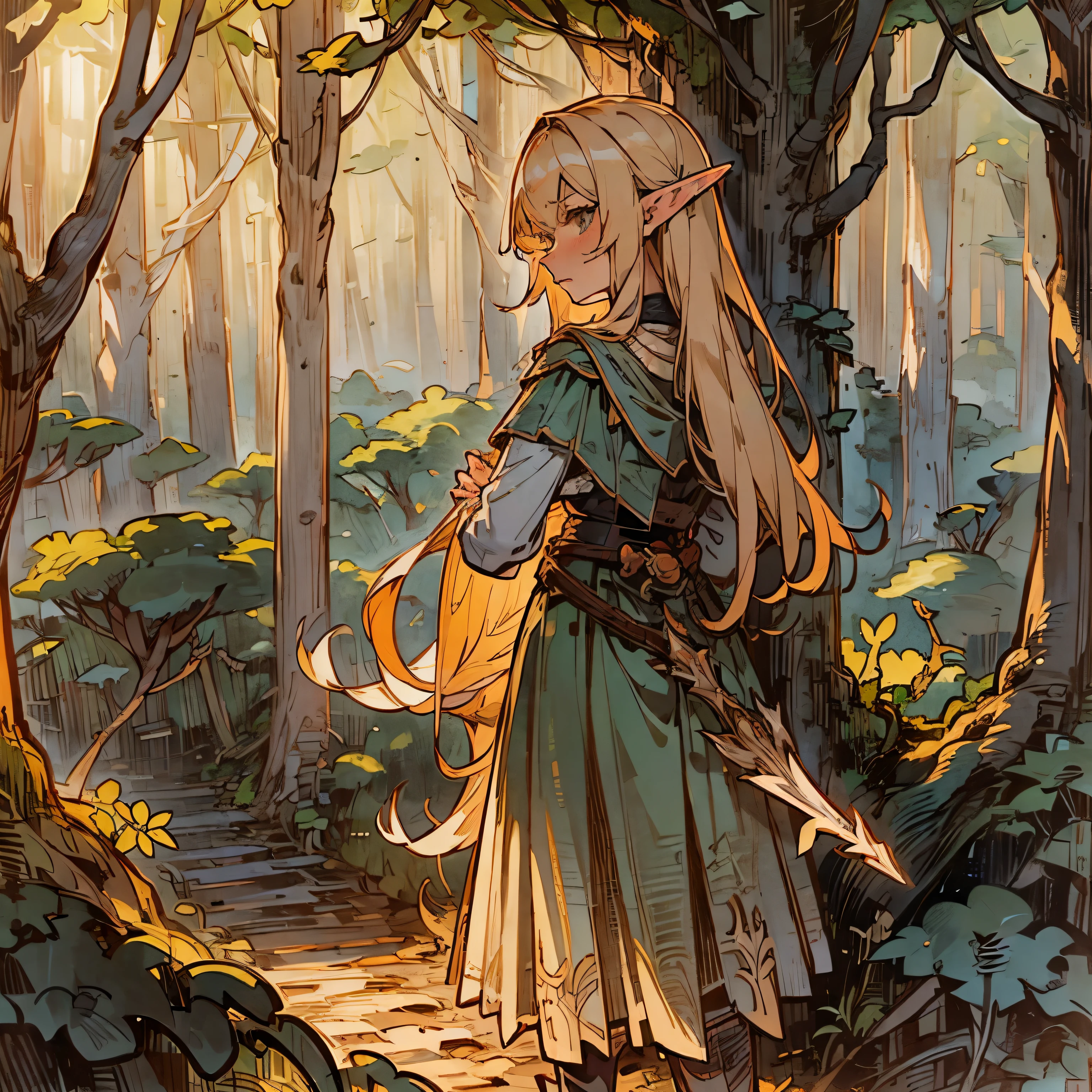 (Very detailed scene, focus on the background) Blond haired elven girl, tsundere, confident, from behind (Background: gravel path through forest, few deciduous trees,)