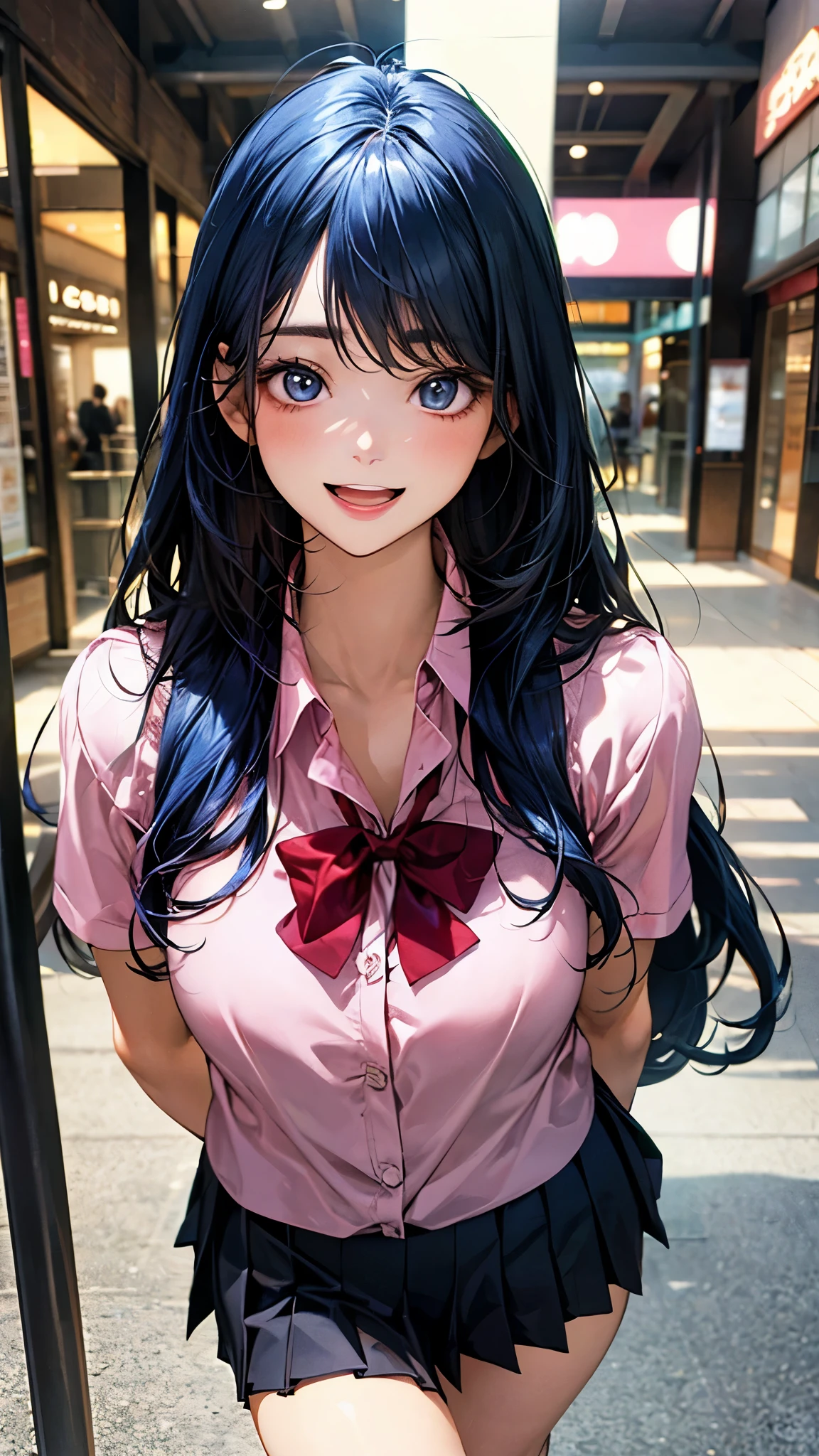 (masterpiece:1.2, top-quality), (realistic, photorealistic:1.4), beautiful illustration, (natural side lighting, movie lighting), ,
(looking at viewer), 1 girl, japanese, high school girl, perfect face, cute and symmetrical face, shiny skin, ,
(long hair, straight hair, blue hair), swept bangs, light blue eyes, drooping eyes, long eye lasher, (large breasts:0.6), five fingers,
beautiful hair, beautiful face, beautiful detailed eyes, beautiful clavicle, beautiful body, beautiful chest, beautiful thighs, beautiful legs,
((symmetrical clothing, pink collared shirts, black pleated skirt)), red bow tie, navy socks,
(beautiful scenery), day time, shopping mall, (lovely smile, upper eyes, open mouth, sexy pose),