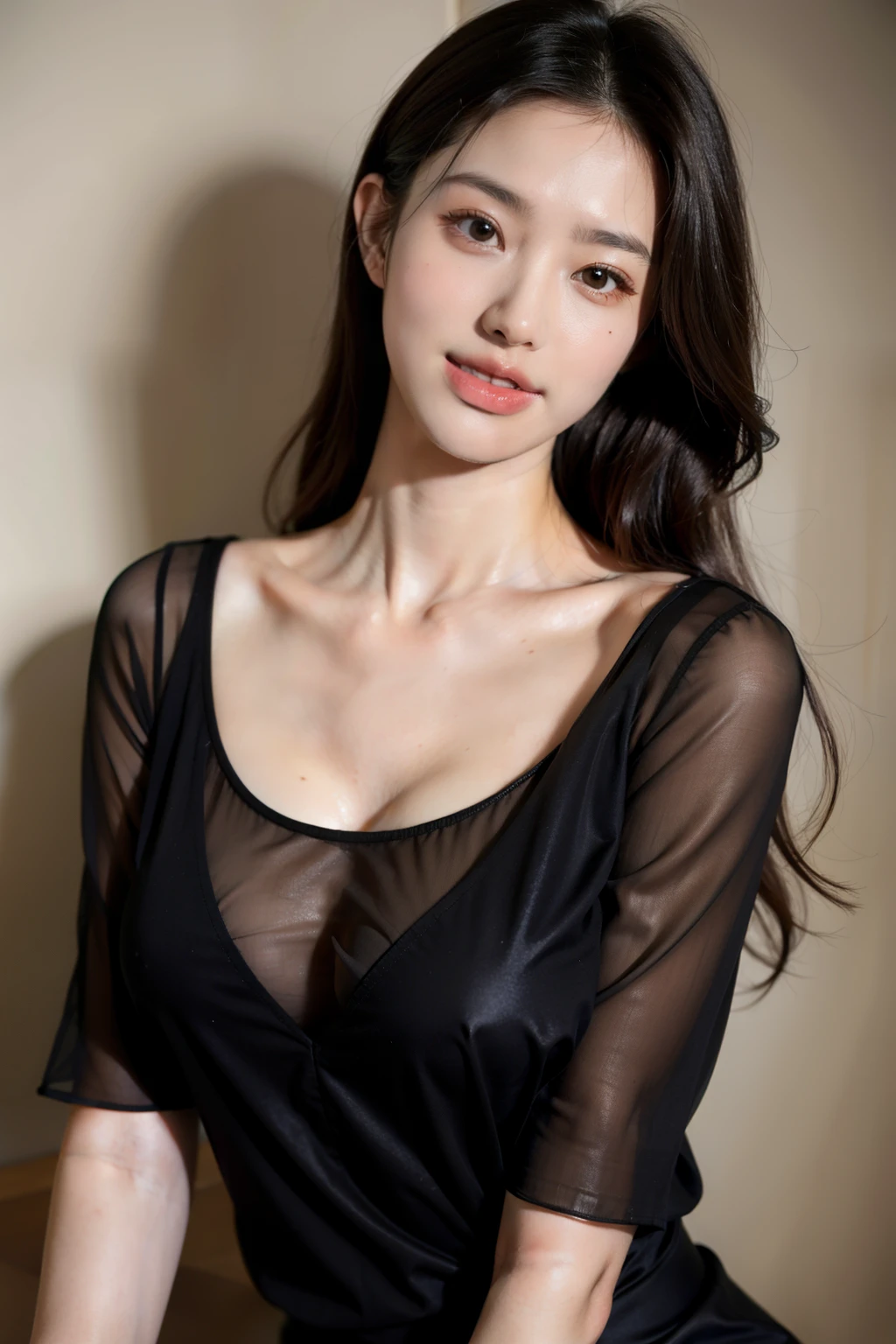 best quality, masterpiece, ultra high res, (photorealistic:1.4), 1 korean women, smiling eyes, (ulzzang-6500-v1.1:1.0), brown hair, black Eyes, 28 Years Old, Beautiful Woman, Idol, (see-through black shirt ), nipples, huge breasts, full_body, underarm hair