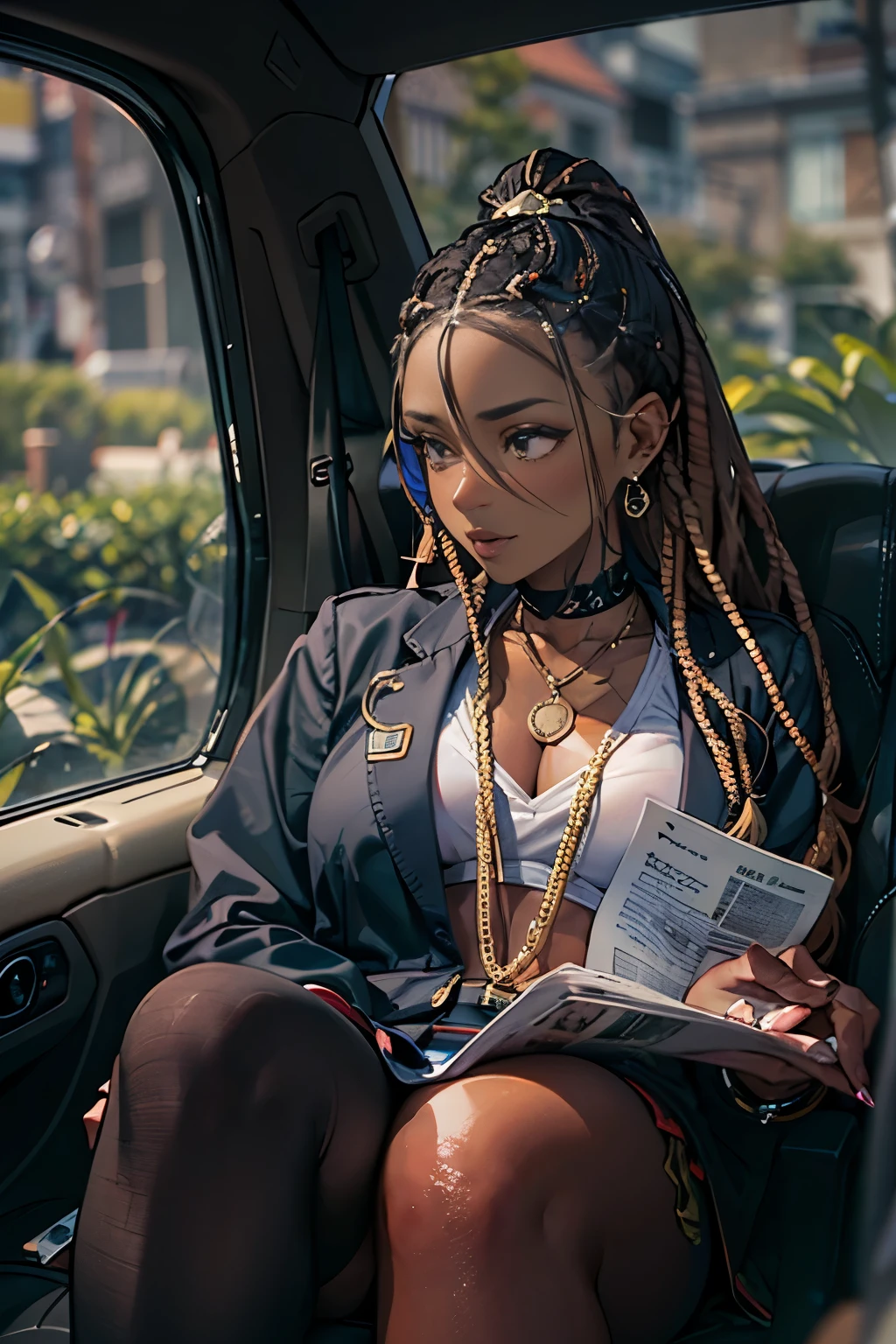 Tired ((plump ((dark-skinned Haitian)) female high-end lawyer)) with ((long boxbraids hairstyle)) sitting in the backseat of a luxury limousine with her pretty perfect manicured feet up while reading newspaper, lwa veve tattoos on legs, wearing chunky golden watch and anklets, expensive pencil skirt, plump thighs, high quality photo, in the middle of the Tokyo cannabis forest behind her