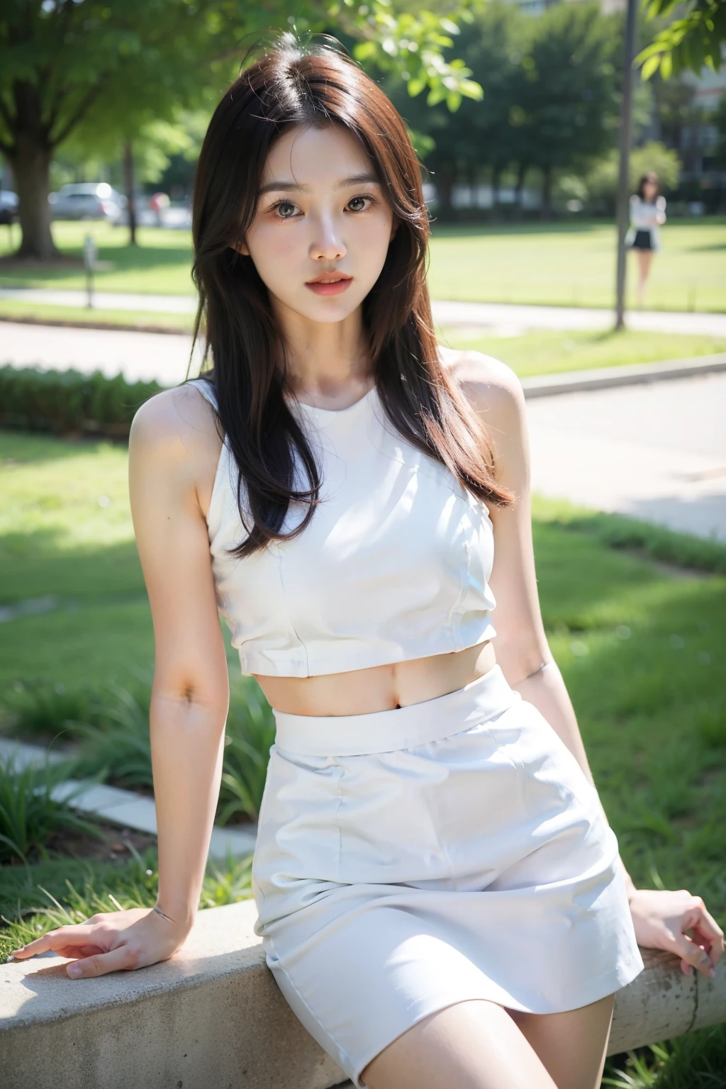 Best quality, masterpiece, super high resolution, Beautiful woman, Korean net idol, 18 years old, white skin, cute face but sexy body, white short skirt. Posing for photos, background image in a park,