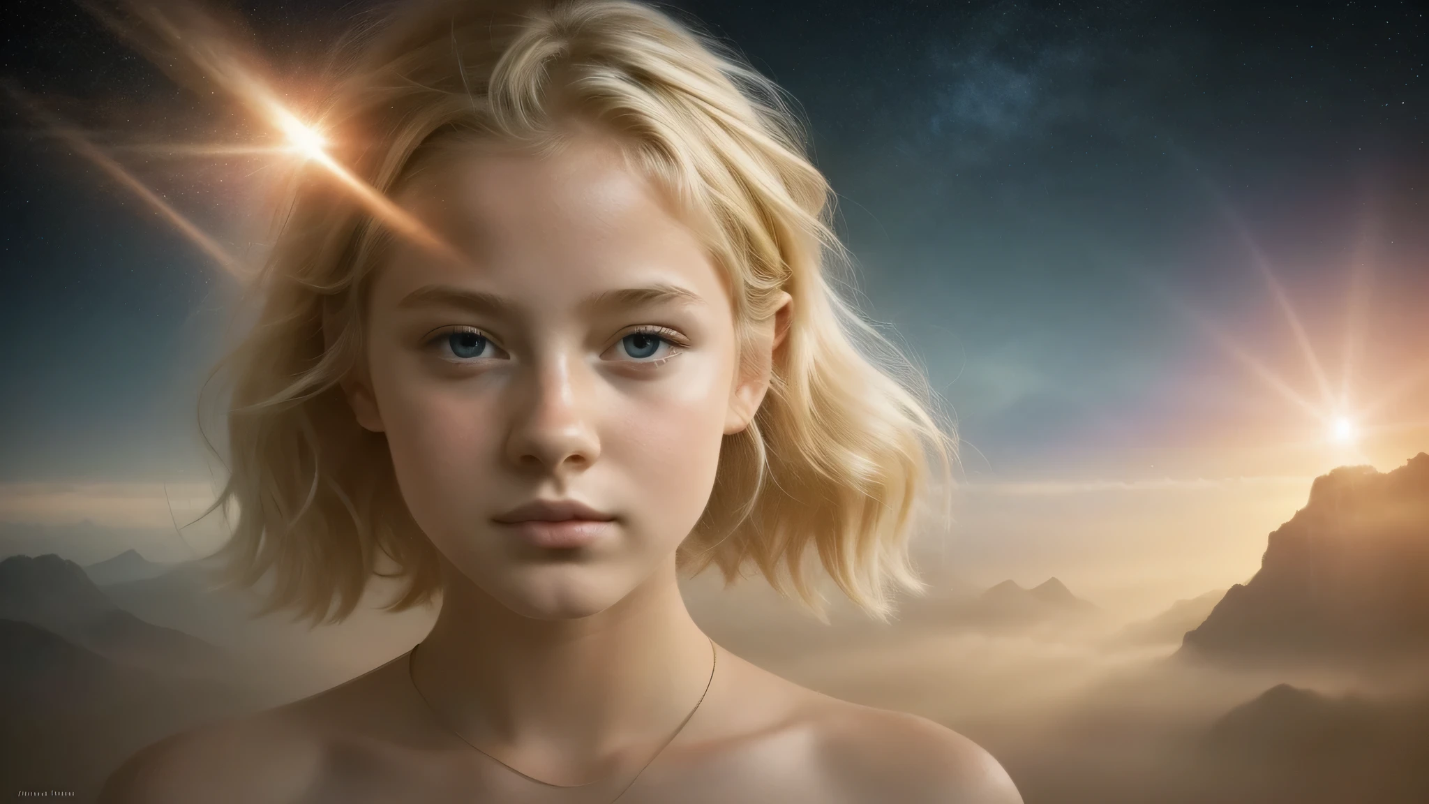 KIDS GIRL BLONDE 12 years old, portrait, Diving Into The Ether Flowing with The Eternal Soul Through Vibration of love, everything is connected, Flowing energy, Spiritual, divine, dreamlike, cosmic, concept art, mind blowing, feminine beauty, god, pineal gland, dreamlikeart