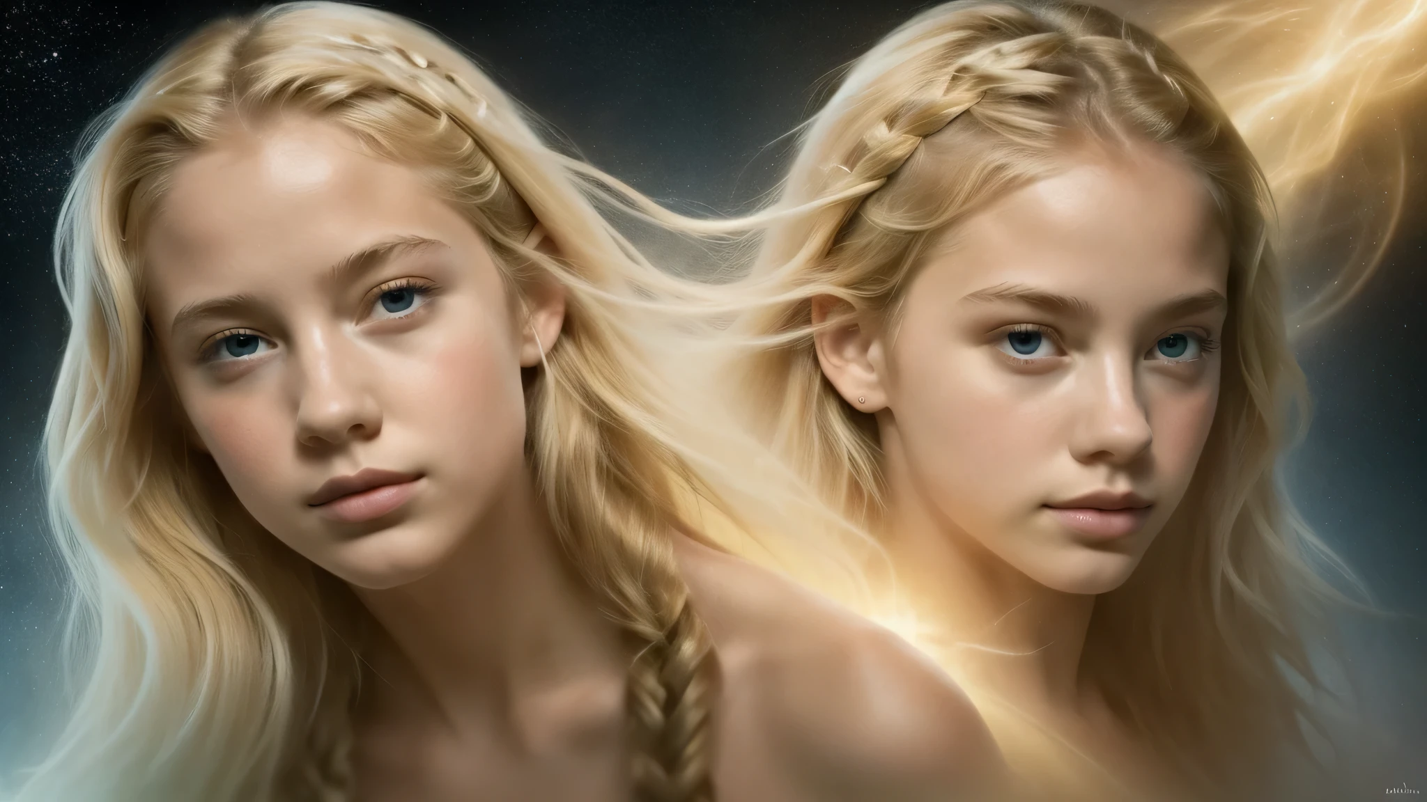 KIDS GIRL BLONDE , portrait, Diving Into The Ether Flowing with The Eternal Soul Through Vibration of love, everything is connected, Flowing energy, Spiritual, divine, dreamlike, cosmic, concept art, mind blowing, feminine beauty, god, pineal gland, dreamlikeart