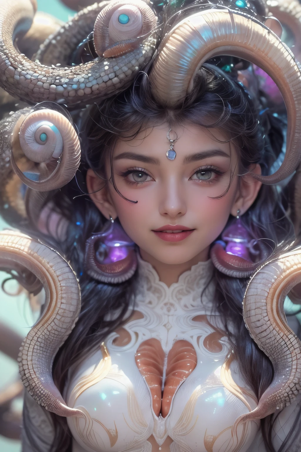 (A portrait of one beautiful and obscene female alien in the sea, who is a young teenager:1.4), ((There is a female genital-like organ in the middle of her forehead:1.8)), (realistic face:1.2), (Numerous award-winning masterpieces, with incredible detail, textures and maximum detail), artistic photography, midnight aura, unreal engine 5, Ultra Sharp Focus, art by Amano Yoshitaka, ArtGerm, Roisch, intricate artwork, ultra realistic realism, high resolution, High freshness, drawing faithfully, official art, Unity 8K Wall paper, ultra detailed artistic photography, dream-like, Creation of fantasy, dream Snail, (biopunk nautilus:1.3),Thrilling color schemes, seductively smiling, Amazing mutation, well-proportioned body, goddess of the deep sea, fractal, Geometric pattern, impossible figures, (translucent white tentacles with luminescent organs:1.4), subtle emerald green accents, (smiling seductively:1.3),(She has the most beautiful face in the history of the universe:1.5), Penelope Cruz, (she is looking down at viewers with glowing iridescent eyes with no pupils:1.3), an evil gaze that seduces, cinematic lighting, (Vampire-like long canine teeth can be glimpsed through the gap between the cute lips:1.3), in the hall of the palace, Sweet breath is exhaling from beautiful lips, ecstatic expression