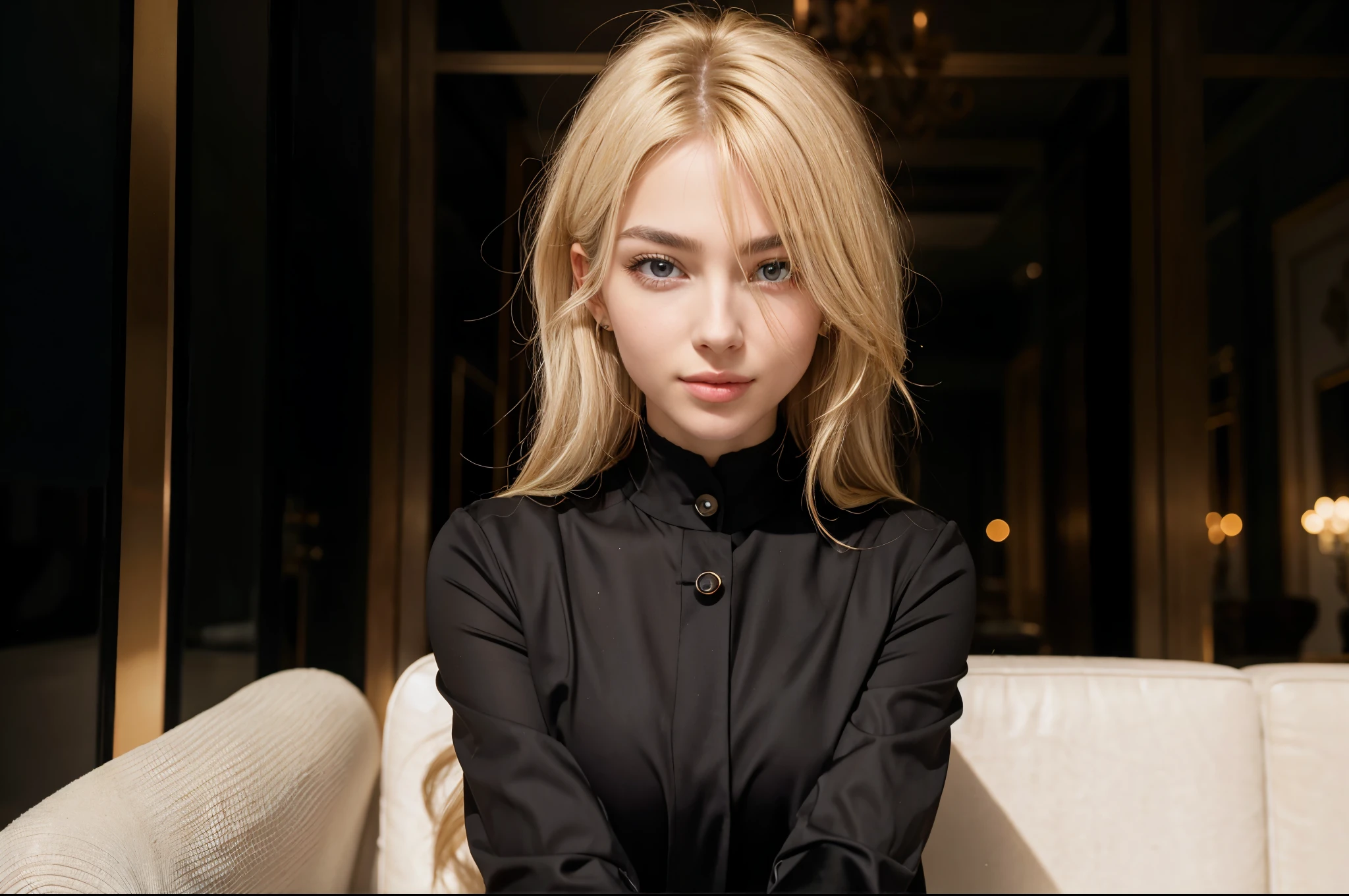 portrait of european girl,alone,20 years,beautiful face,uppser body,hair above one eye,medium side cut, blonde hair, sharp focus,black business suit,titsonastick,happy