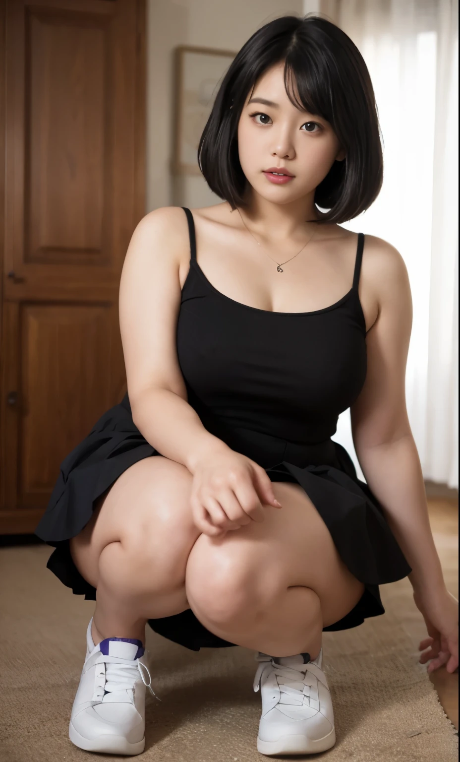 A beautiful beauty, long black hair, big eyes, round face, dress, tight purple skirt, sneakers , slightly fat, plump and sexy, delicate facial features, on the black room, black grass and words, dark room, HD, high quality, the best picture quality, chubby body, bob haircut, cute face and cute cheeks 