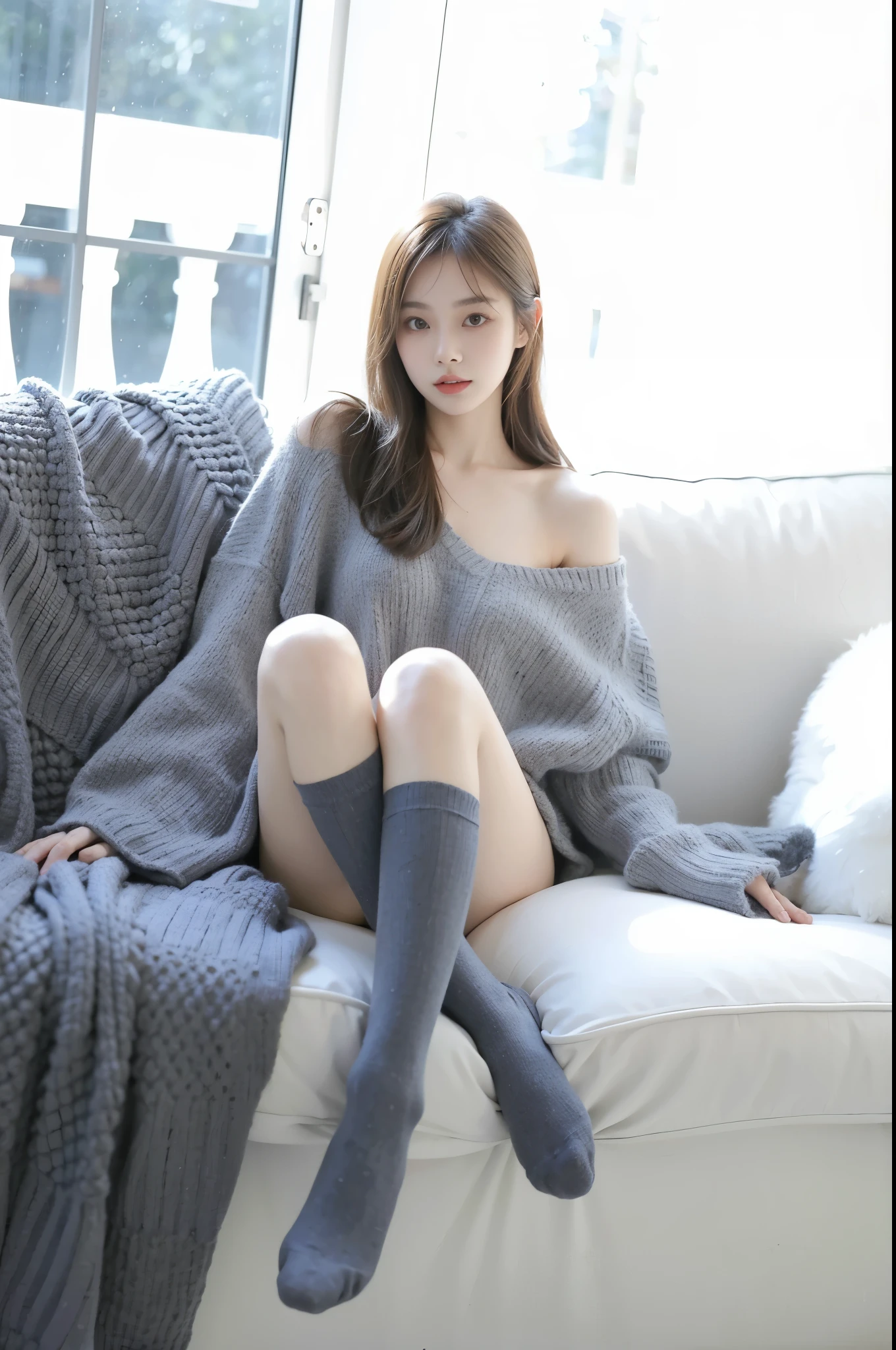 Arav is sitting on the sofa，covered with blanket and socks, korean girl, high socks, Beautiful young Korean woman, pretty face，arms and legs, Korean female fashion model, Gorgeous Chinese model, attractive pose, beautiful korean woman, young cute girl, knee socks, Beautiful young Korean woman, 19 year old girl, Urzan
