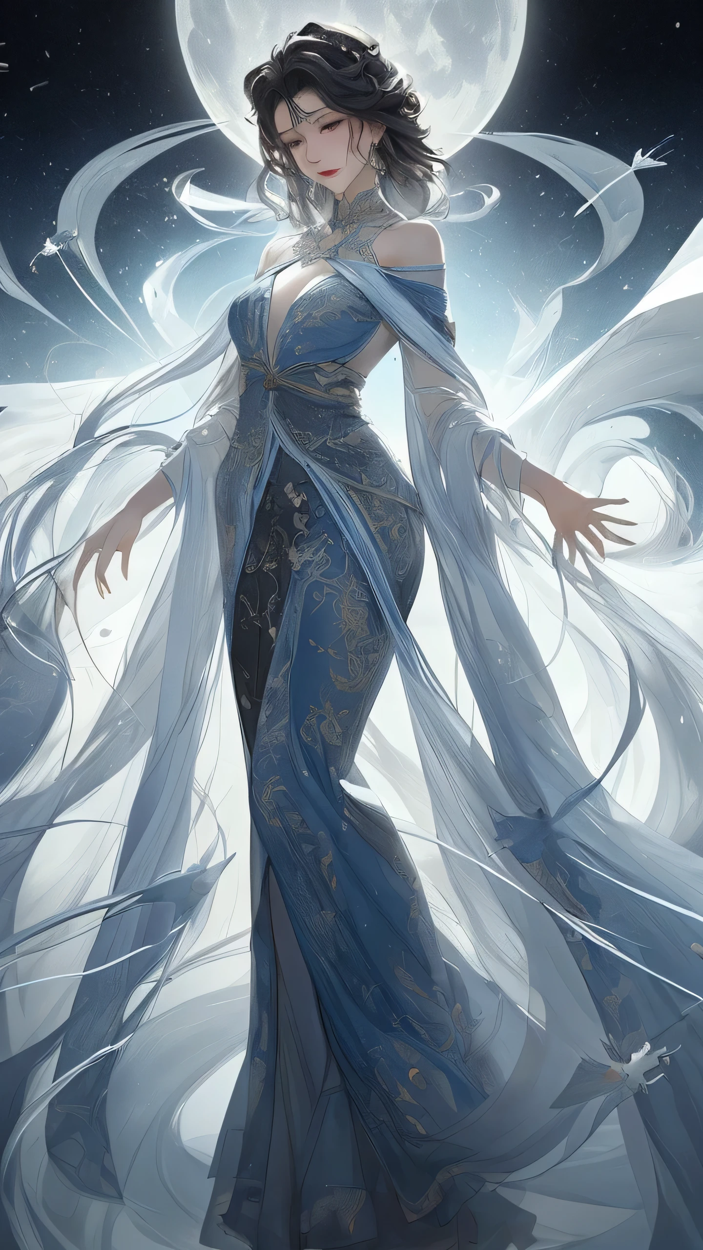 (fidelity: 1.2), best picture quality, masterpiece, Extremely high resolution,dynamic lighting,poster, Volumetric lighting, Very detailed faces,4k wallpaper,a beautiful and charming girl.(华丽的白色抹胸露肩Chinese style连衣裙),black straight hair,thick lips,tall and thin,wide hips.looking at viewe,blush,Loved by the audience. Presented in a meticulous painterly style.Exudes a mysterious atmosphere, Women dress elegantly and delicately, The entire painting shows a high level of skill,Sexy,Chinese style,