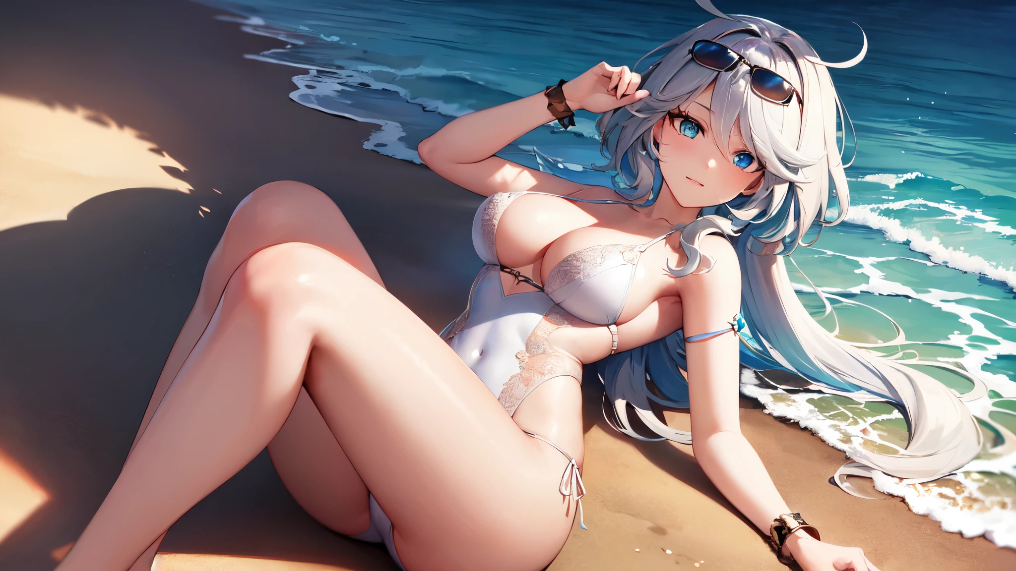 (masterpiece:1.5), 4k, 8k, (high quality, best quality:1.1), highly detailed, detailed face, HDR, vivid colors, dynamic lighting, 1 girl, solo, furina, long hair, white hair, detailed eyes, heterochromic eyes, (sunglasses:1.15), eyewear on head, holding eyewear, white swimsuit, on back, on beach, sea at background, depth of field, bokeh, dramatic lighting, best quality, highres, best shadow, best illumination,