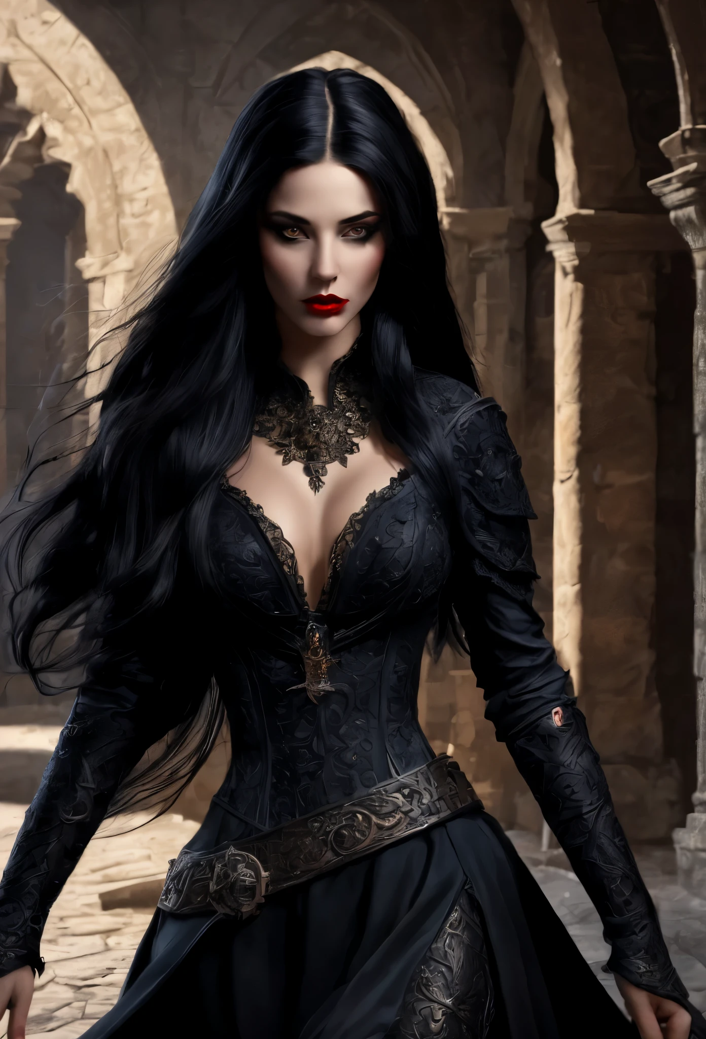 stunning, black long hair, red lips, medieval woman dressed in black, night, assassin, rogue, intricate, masterpiece, 3d art