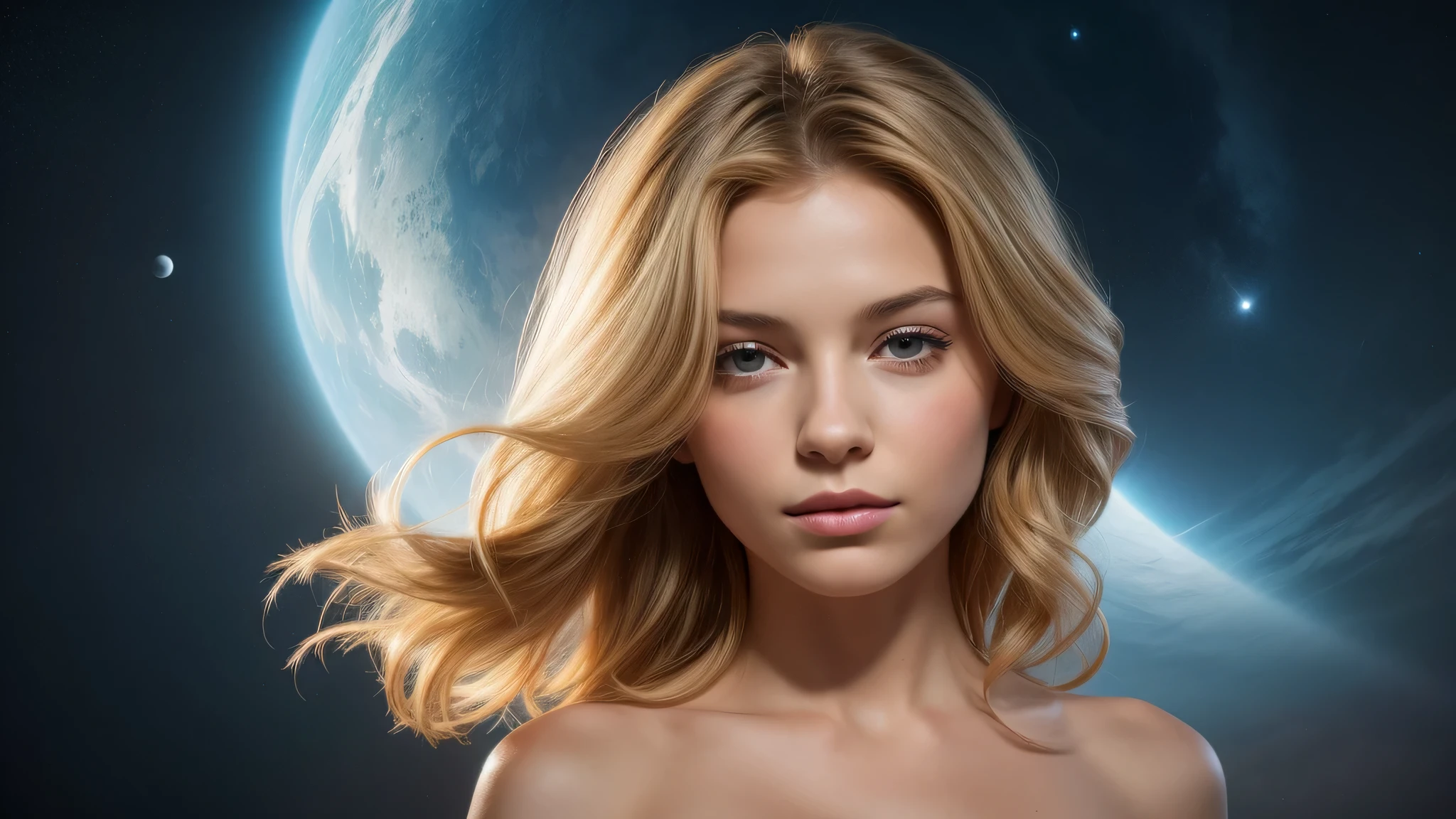 KIDS GIRL BLONDE 12 years old, portrait, Diving Into The Ether Flowing with The Eternal Soul Through Vibration of love, everything is connected, Flowing energy, Spiritual, divine, dreamlike, cosmic, concept art, mind blowing, feminine beauty, god, pineal gland, dreamlikeart