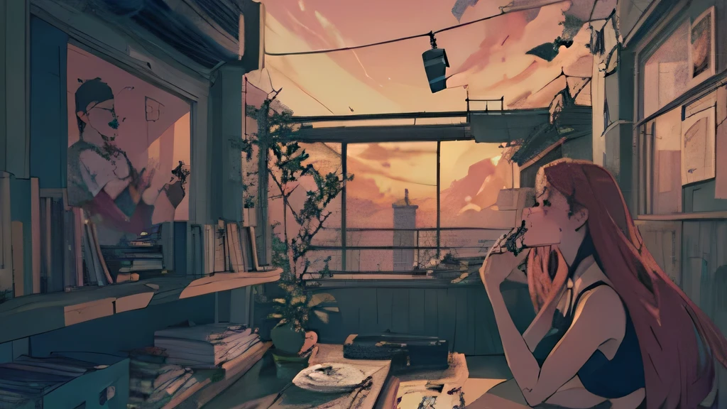 (girl watching the sunset from the window,Admire detailed portraits,Admire the anime art style,I admire hip hop,appreciate art,An admiring atmospheres,feeling of admiration,beautiful portrait,An admiring atmosphere, chillhop, anime atmosphere,admiring colors,Aesthetics of the girl you admire,Admire anime style 4k,Admiring the Arena Aenami style)