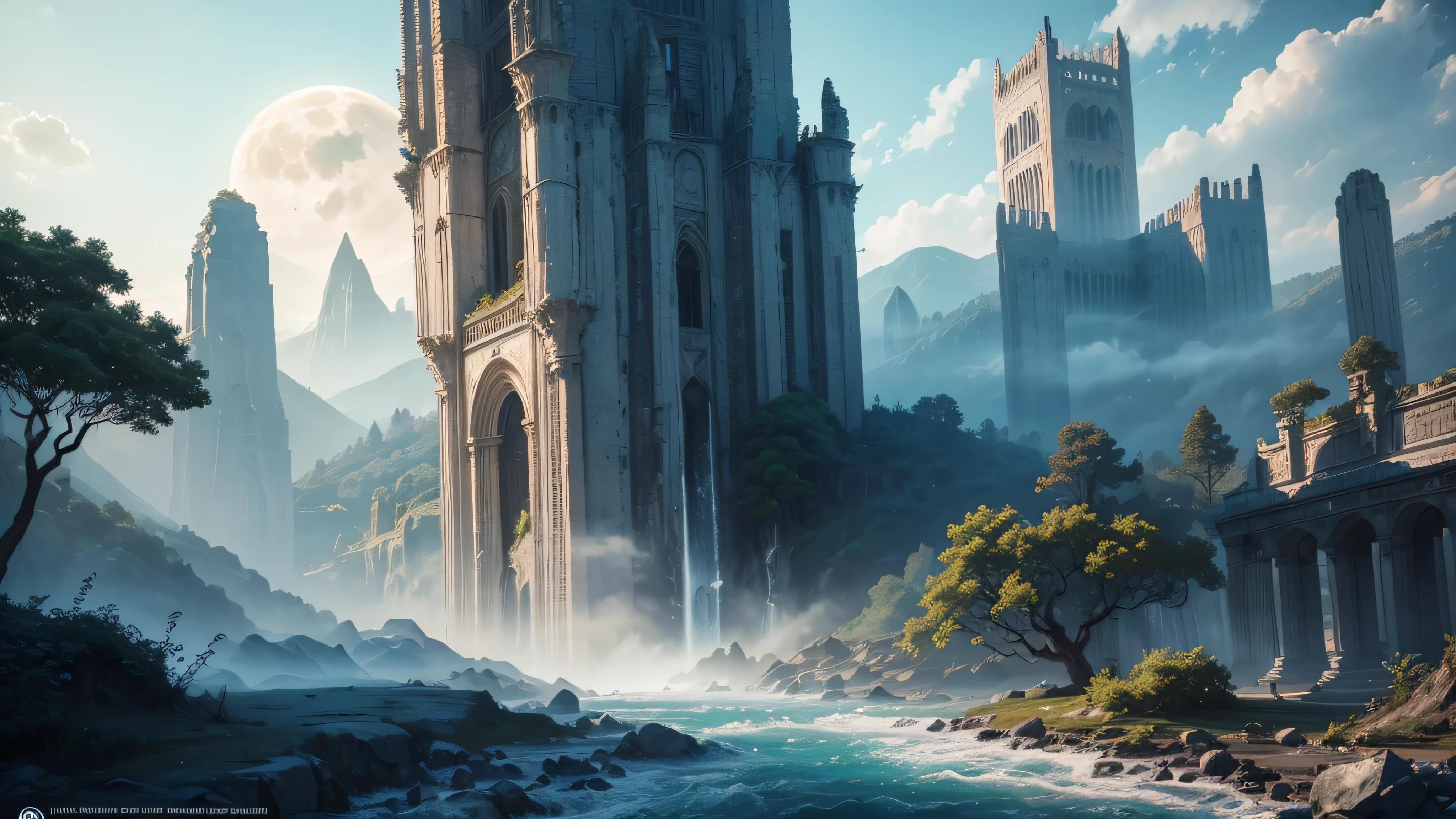 Bela paisagem exuberante, large buildings in ruins, huge ruined bridges, great castles in ruins, templos e colunas antigos e grandes, sky with dense clouds, sol, Lua, floresta com grande, colorful trees, cachoeiras, lindo rio com pedras, campo de profundidade, global illumination, hiper-realista, Efeito vidro quebrado, sem fundo, splendid, algo que nem existe, Being mythical, energia, molecular, Texturas, iridescente e luminescente, breathtaking beauty, pure perfection, Divine Presence, unforgettable, Impressionante, breathtaking beauty, volumetric light, auras, raios, cores vivas refletemlight, auras, raios, cores vivas refletem, aquarela, oil color, trends on artstation, sharp focus, studio photo, detalhes intrincados, altamente detalhado,