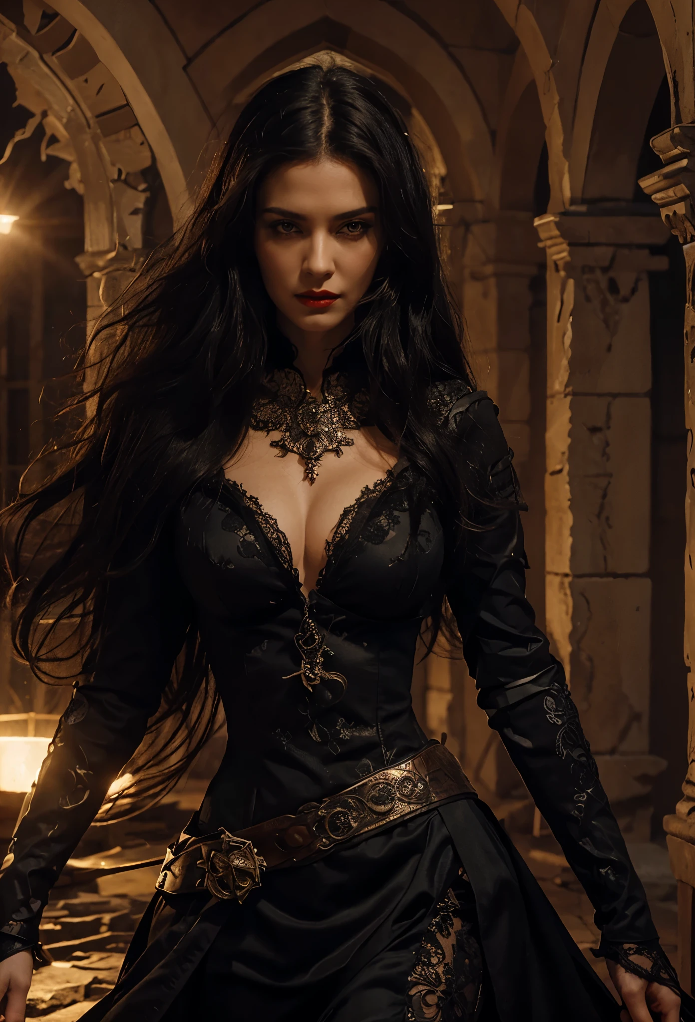 stunning, black long hair, red lips, medieval woman dressed in black, night, assassin, rogue, intricate, masterpiece, 3d art
