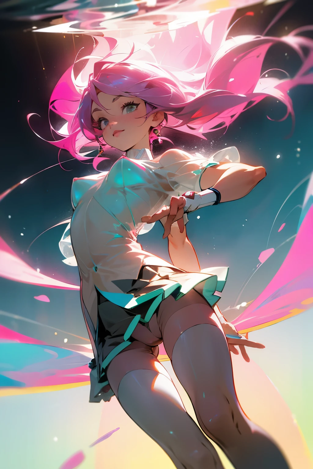(Ultra HD quality)), ((masterpiece)), Very detailed,Puffy nipples、(see through:1.5)、straighten your back、abdominal muscles、huge bust、angle to floor:1.2、low camera angle、Hair loss on crotch,Hatsune Miku,Foreshortening, depth of field, main part, best quality, 1 girl, pink hair, teal eyes, medium long hair, floating,Pink rays, O looks at the audience,pink skirt, flight, Dim sunlight,