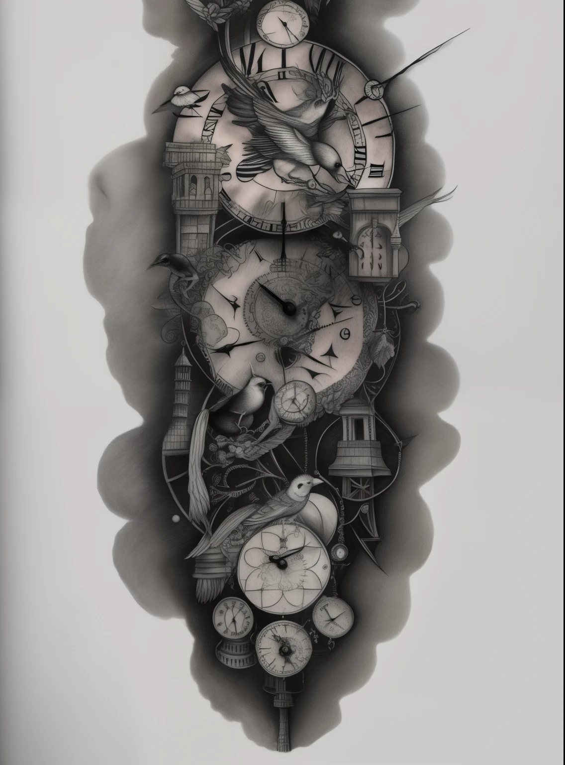 a drawing of a clock with a bird and a clock tower, elaborate ink illustration, concept tattoo design, tattoo design, line art illustration, tattoo design sketch, official illustration, intricate ink illustration, precise and intricate linework, bold intricate ink illustration, forearm tattoo, detailed line work, detailed linework, medium sized tattoo sketch, an alchemical art illustration, higher resolution possible, some whimsical details 
