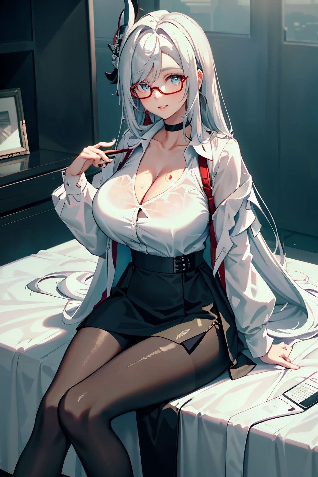 ((masterpiece)), ((best quality)), 1girl, long bangs, black choker, black skirt, blush, choker, cleavage, collarbone, collared shirt, glasses, huge breasts, very long hair, long sleeves, looking at viewer, (office lady,bangs, White hair), implacable \(azur lane\), teacher, mature female, parted lips, blue eyes, round eyewear, see-through, smile, solo, sweat, white shirt, sitting, clossed legs, panties, pantyhose